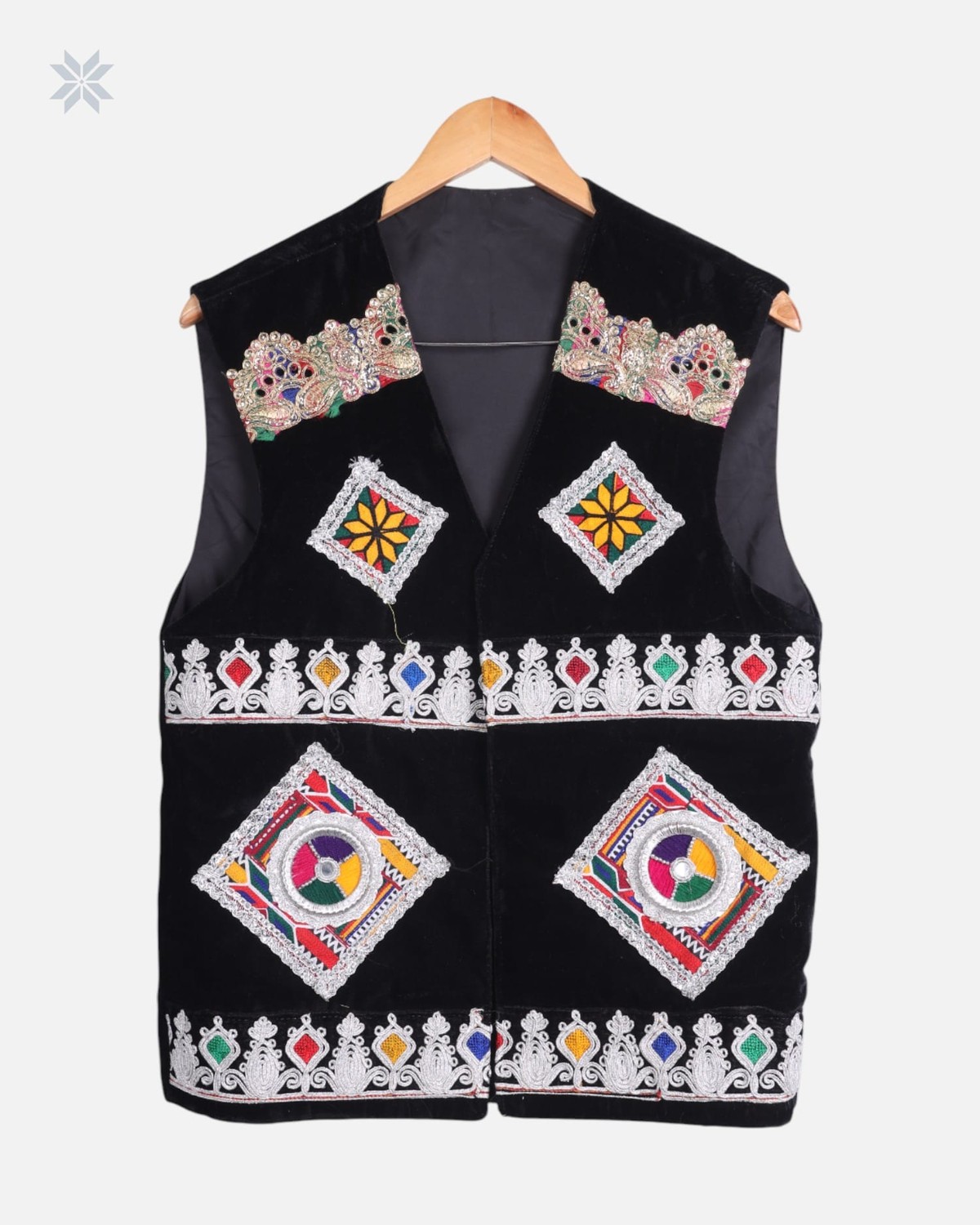 Black Afghan Men’s Velvet Vest with Multicolor Hand Embroidery 4