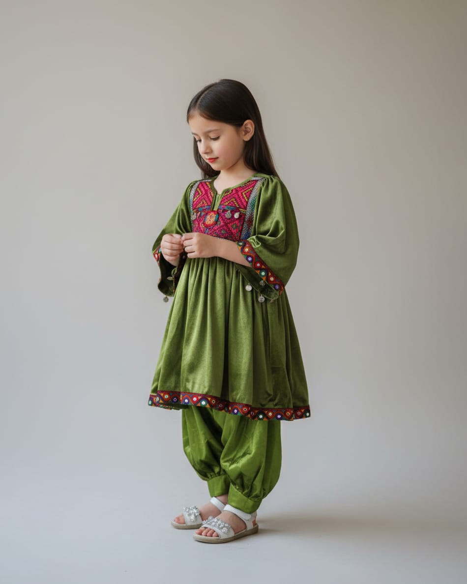 Child Dress with Velvet Sleeves in Green 5