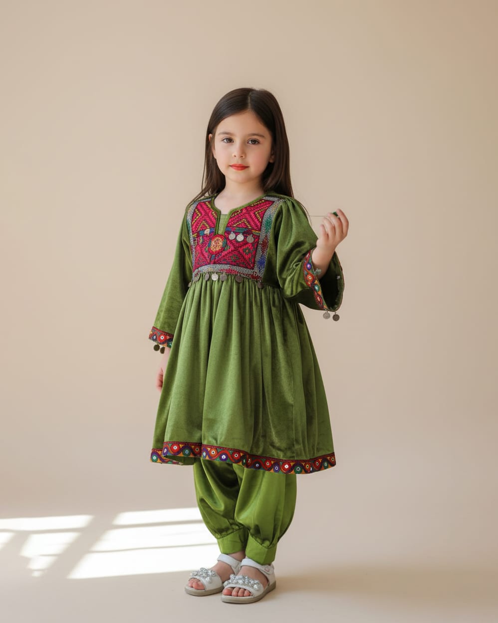 Child Dress with Velvet Sleeves in Green 4
