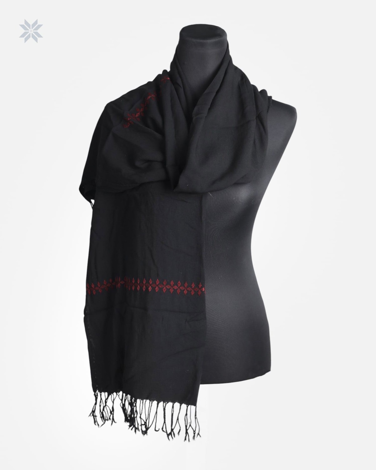 Black Cotton Chador Scarf with Red Embroidered Detail 1