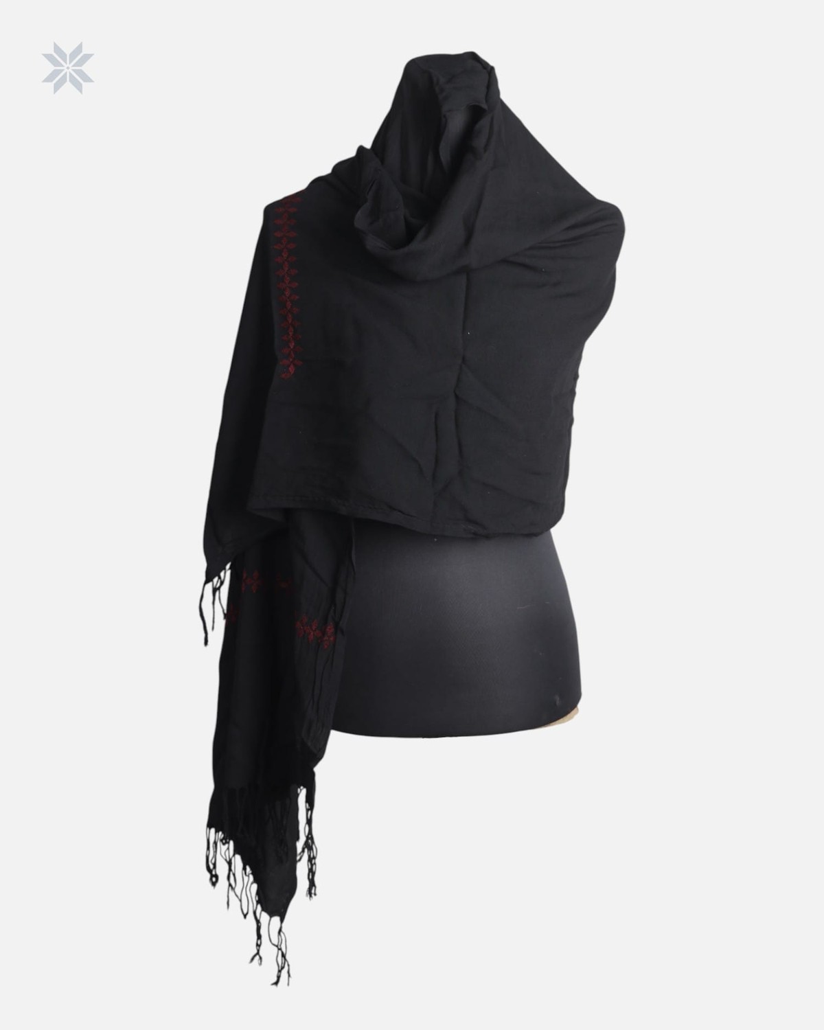 Black Cotton Chador Scarf with Red Embroidered Detail 2
