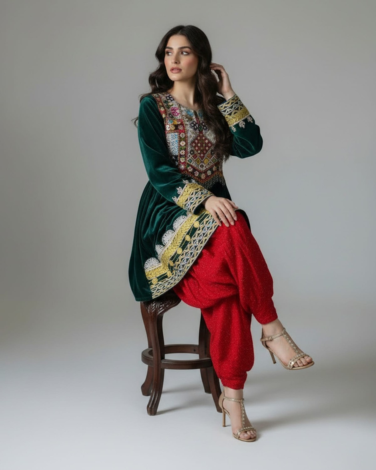 Green Velvet Dress with Pants and Red Shawl 1