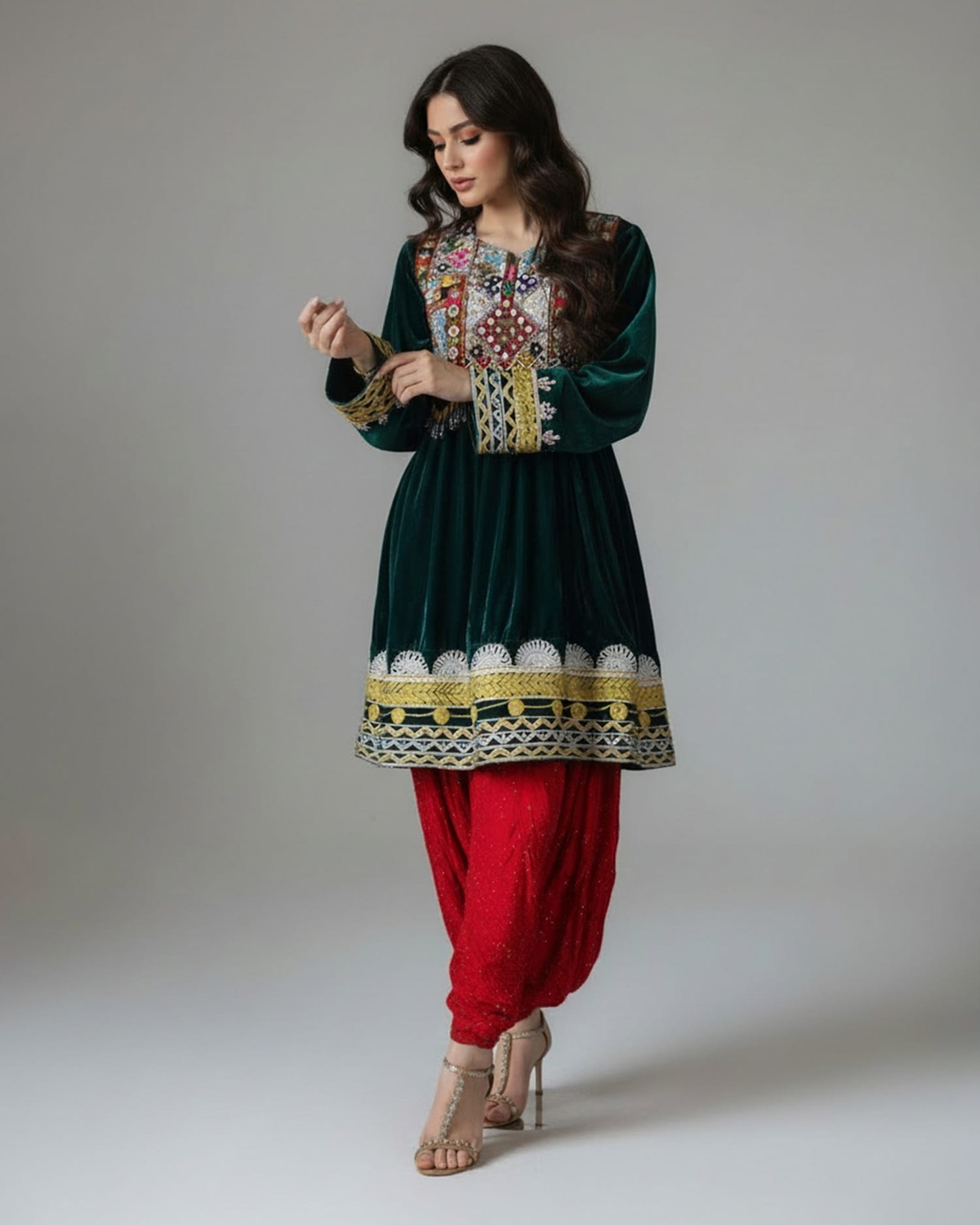 Green Velvet Dress with Pants and Red Shawl 7