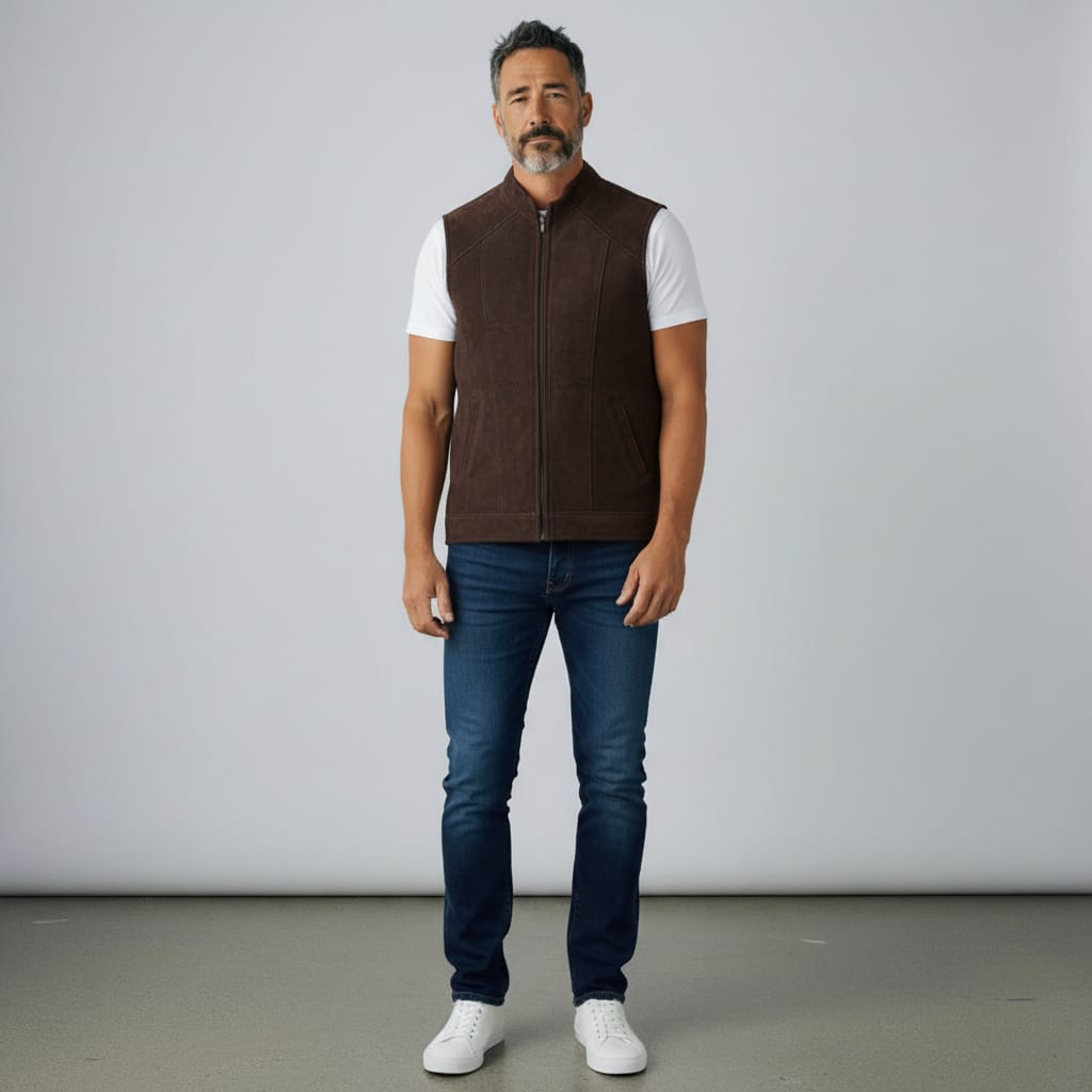 Handmade Men’s Sheepskin Waistcoat Brown 4