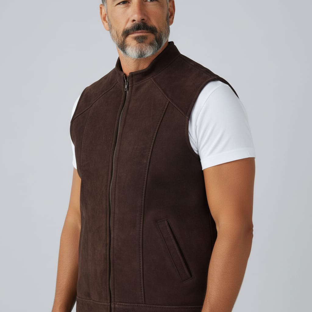 Handmade Men’s Sheepskin Waistcoat Brown 6