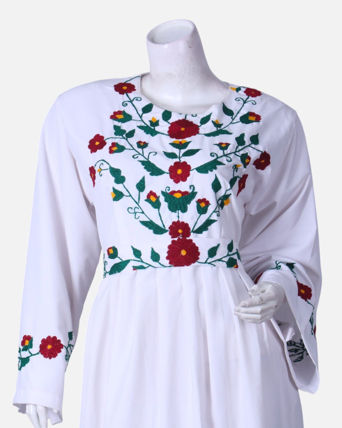 White Tajik Embroidered Womens Dress, Handmade Floral Stitch Dress - Cloth Sizes Women: Double Extra Large