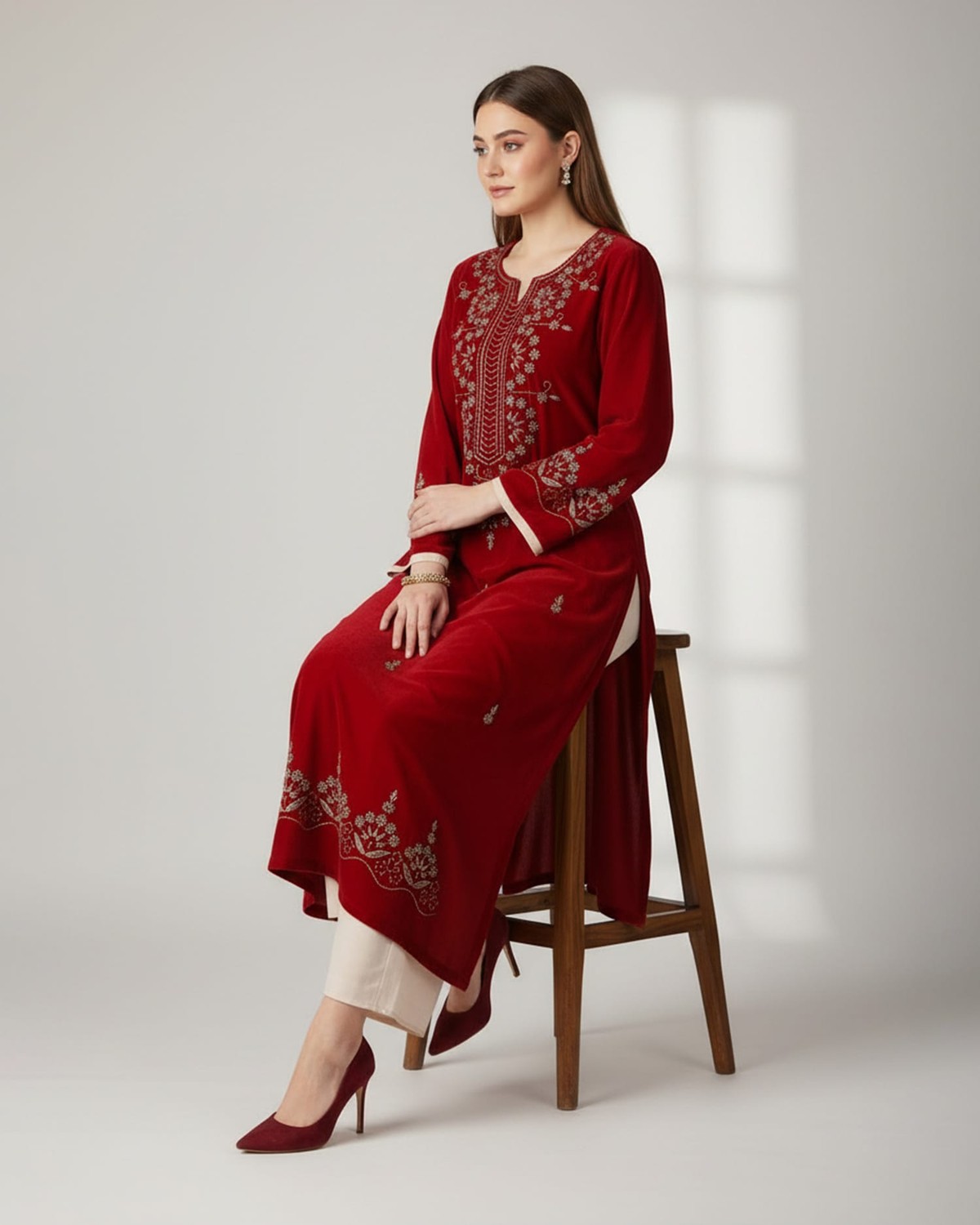 Two Layer Embroidered Dress – Red Handmade Beaded Sleeve & Hem Design 5