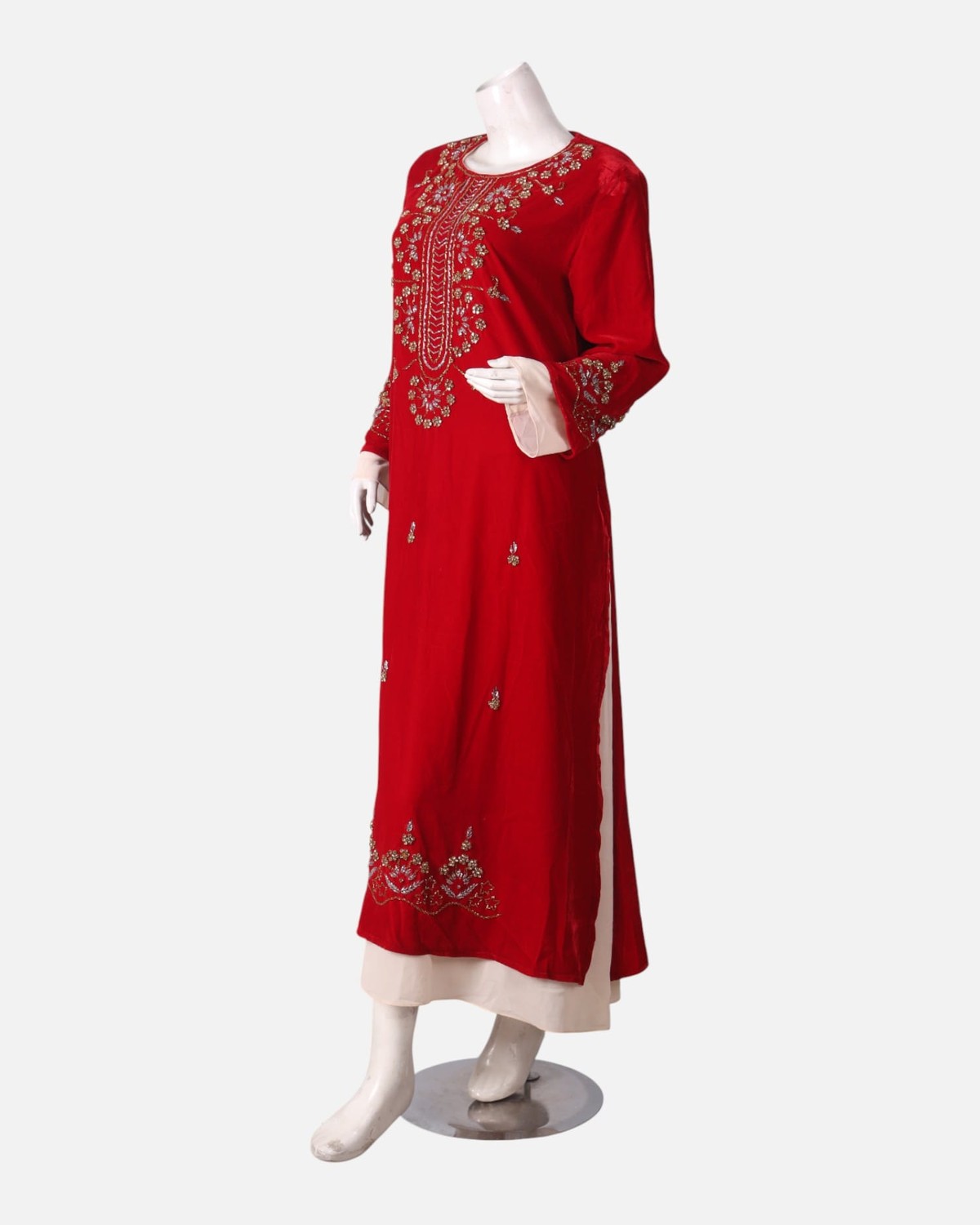 Two Layer Embroidered Dress – Red Handmade Beaded Sleeve & Hem Design 4
