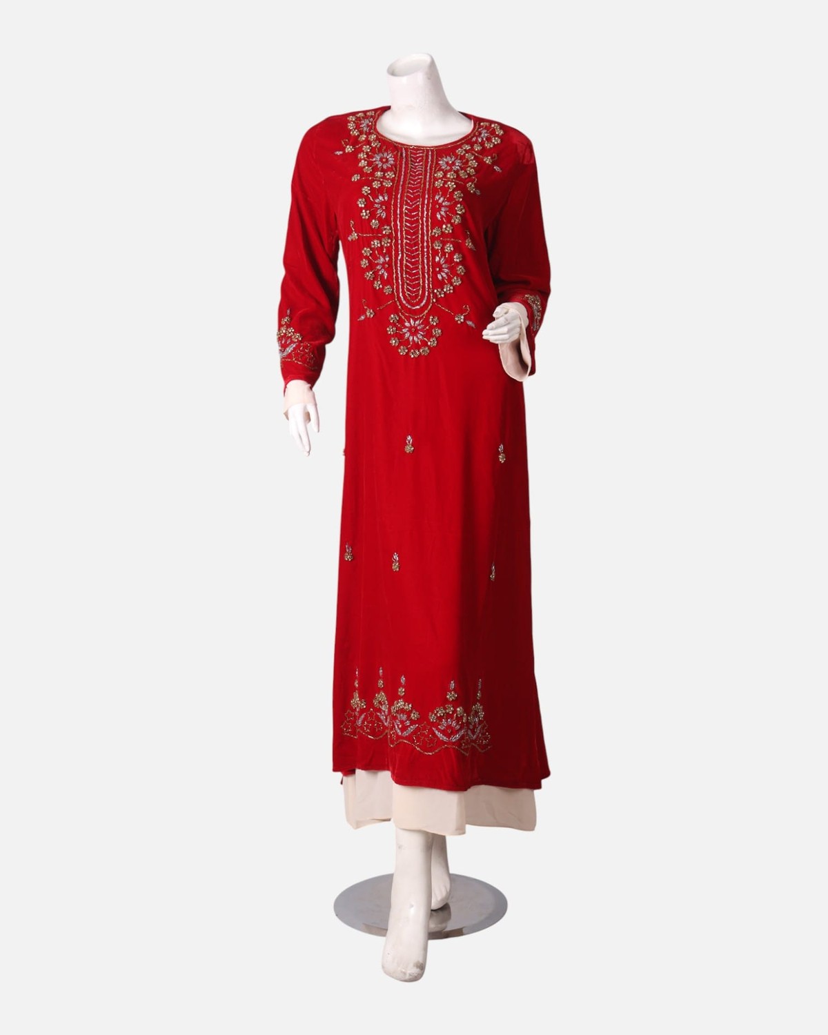 Two Layer Embroidered Dress – Red Handmade Beaded Sleeve & Hem Design 6