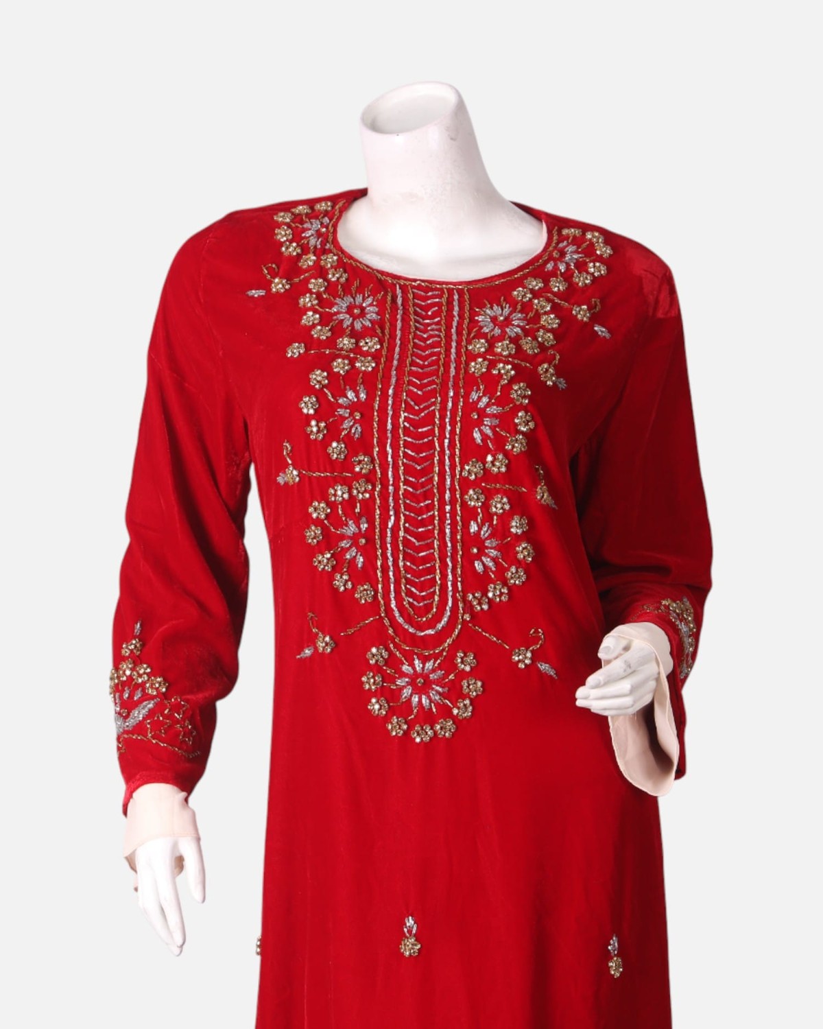 Two Layer Embroidered Dress – Red Handmade Beaded Sleeve & Hem Design 1