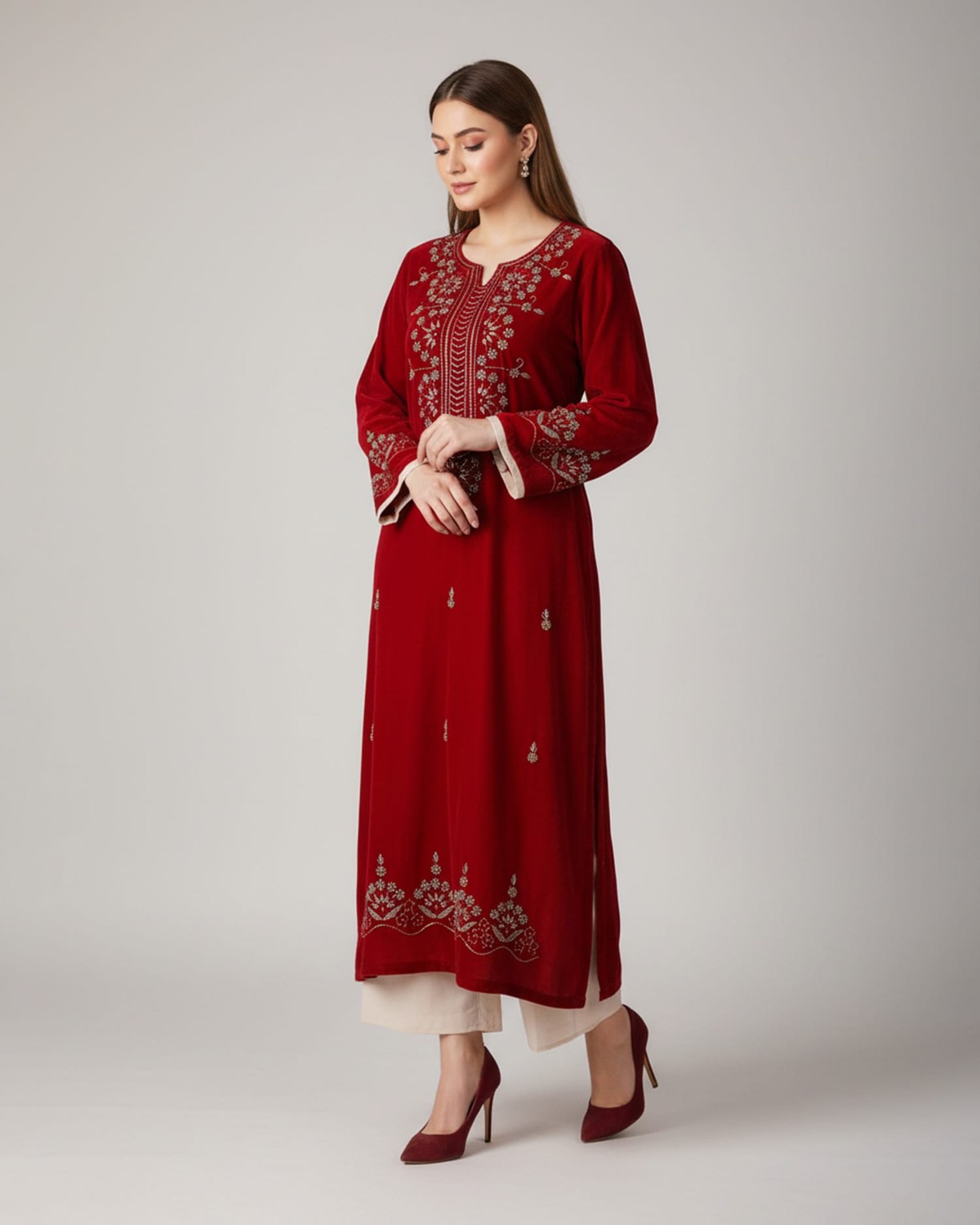 Two Layer Embroidered Dress – Red Handmade Beaded Sleeve & Hem Design 3