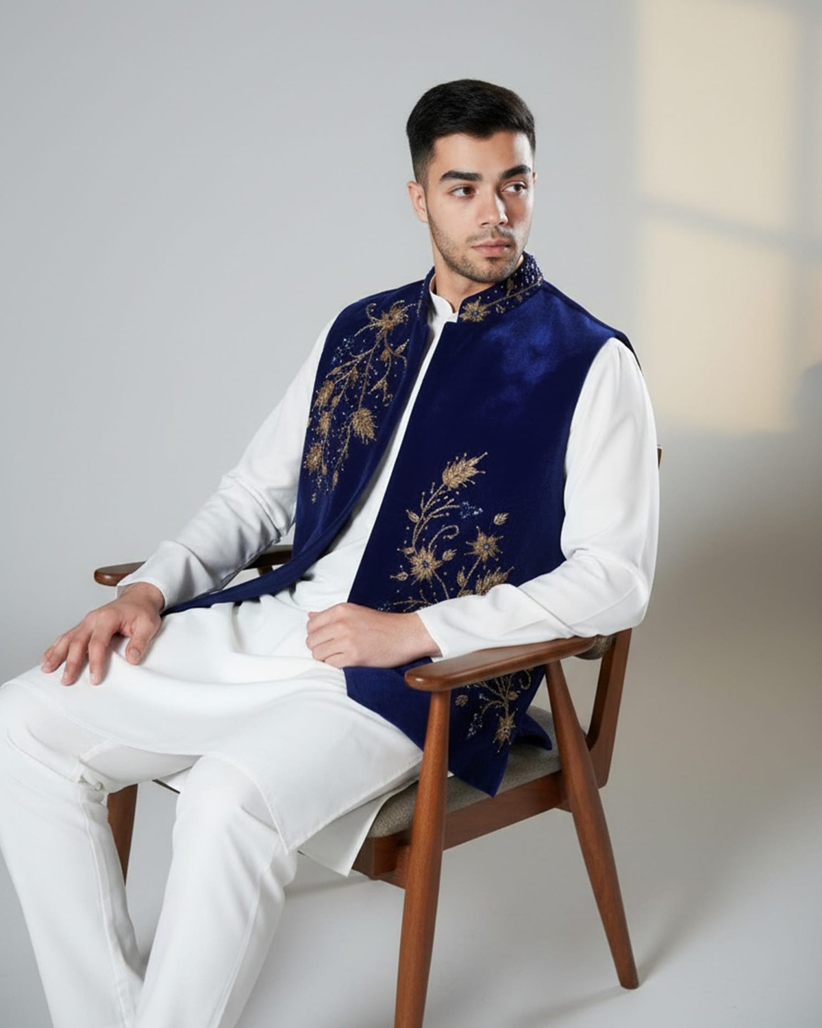 Waistcoat Velvet Men’s Afghan – Handmade Blue Embroidered Traditional Vest 6