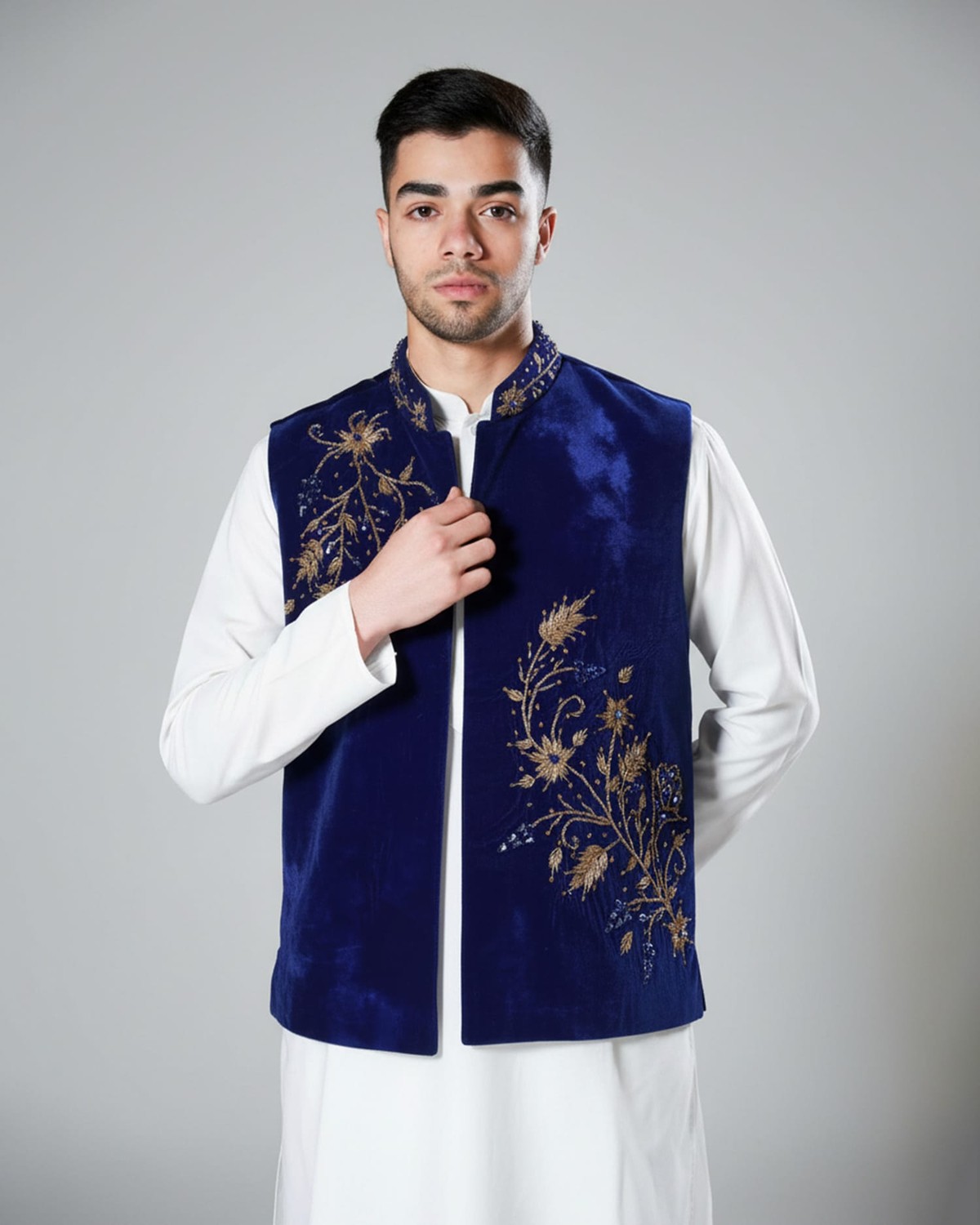 Waistcoat Velvet Men’s Afghan – Handmade Blue Embroidered Traditional Vest 4