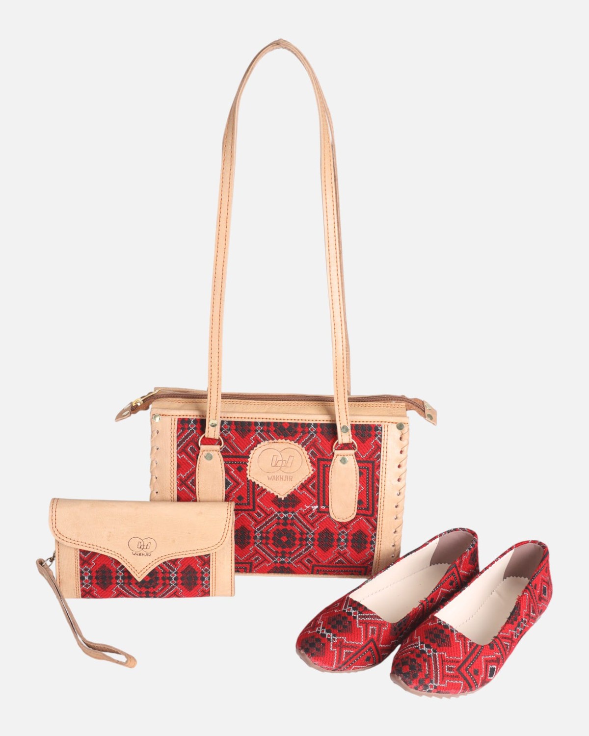 Bag & Shoes Set – Handwoven Red Fabric, Natural Goat Leather 11