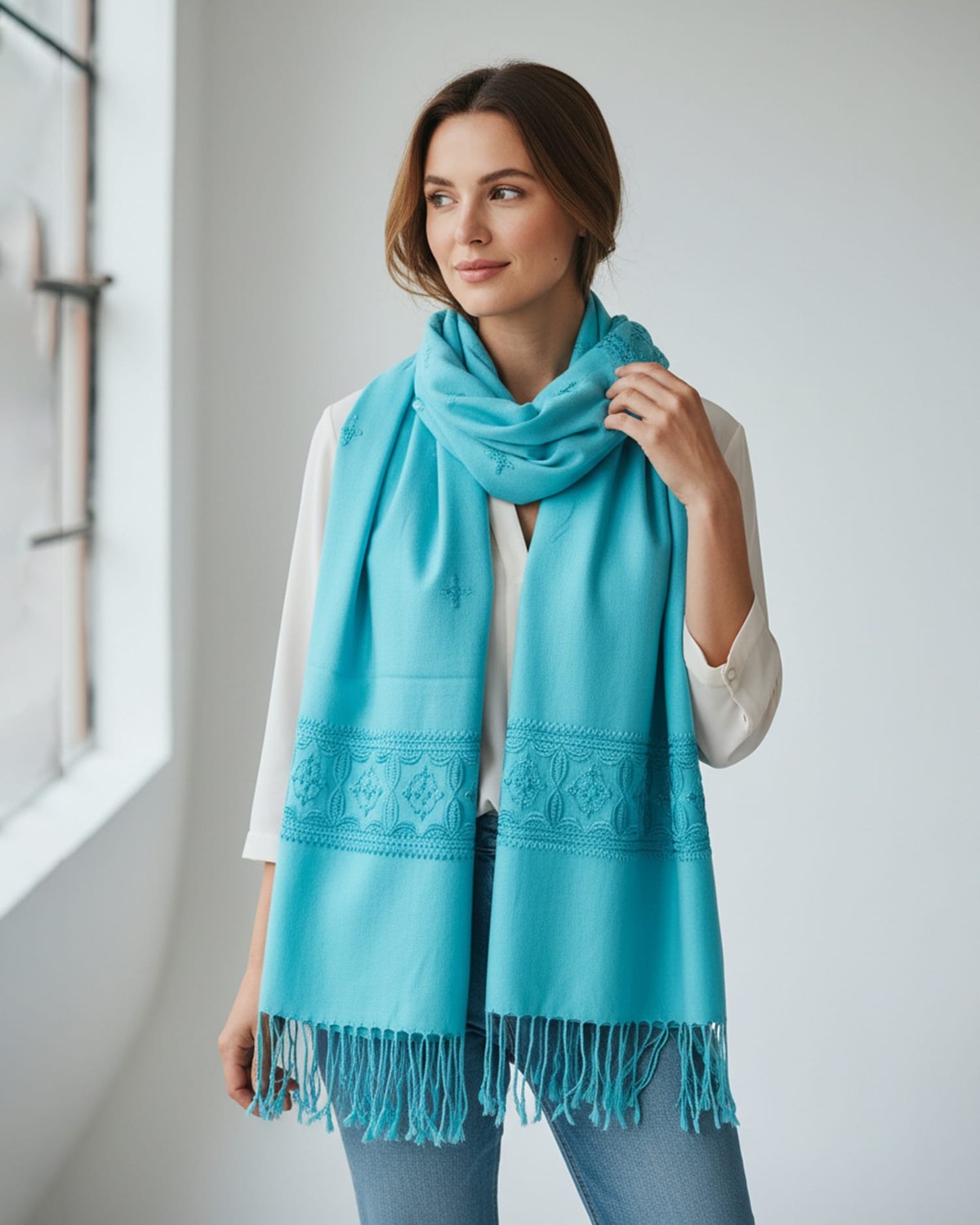 Sky Blue Afghan Cotton Scarf 4