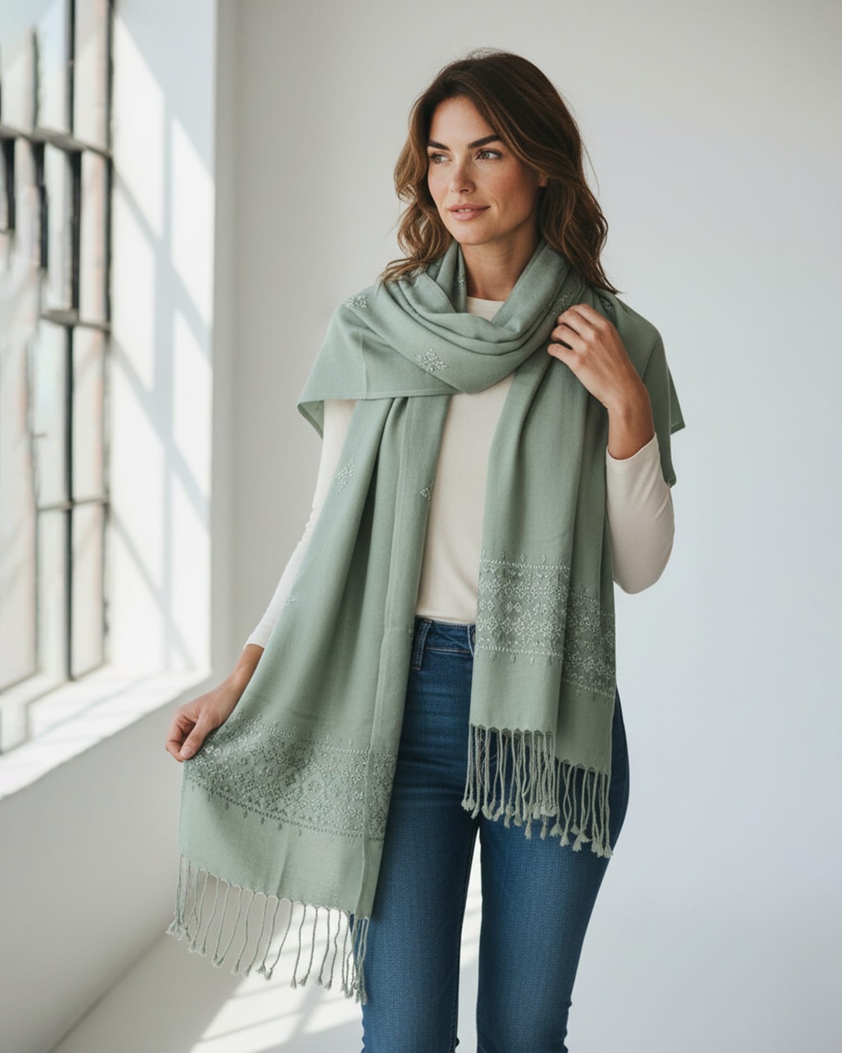 Sage Green Embroidered Women Scarf 2