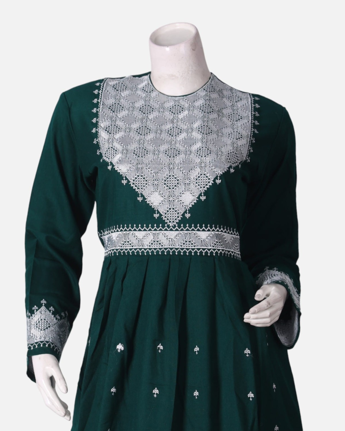 Hazargi Traditional Outfit – Deep Green Embroidered Dress with Shawl 3