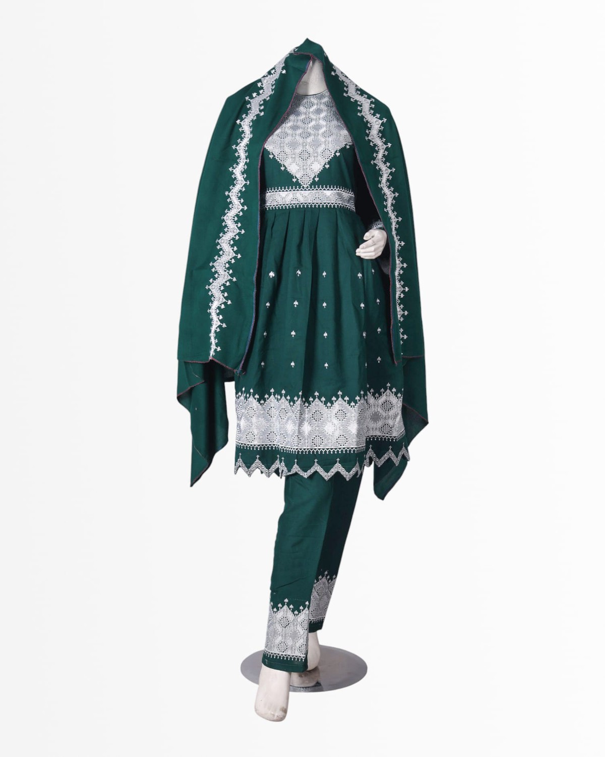 Hazargi Traditional Outfit – Deep Green Embroidered Dress with Shawl 4