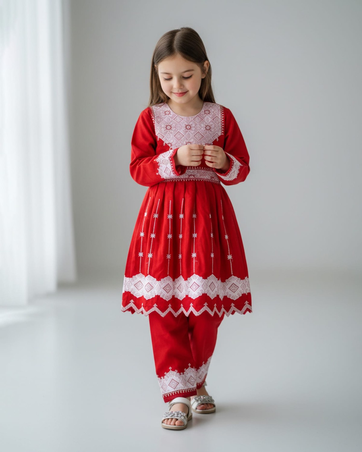 Traditional Afghan Children's Outfit – Red Embroidered Dress and Trousers 4