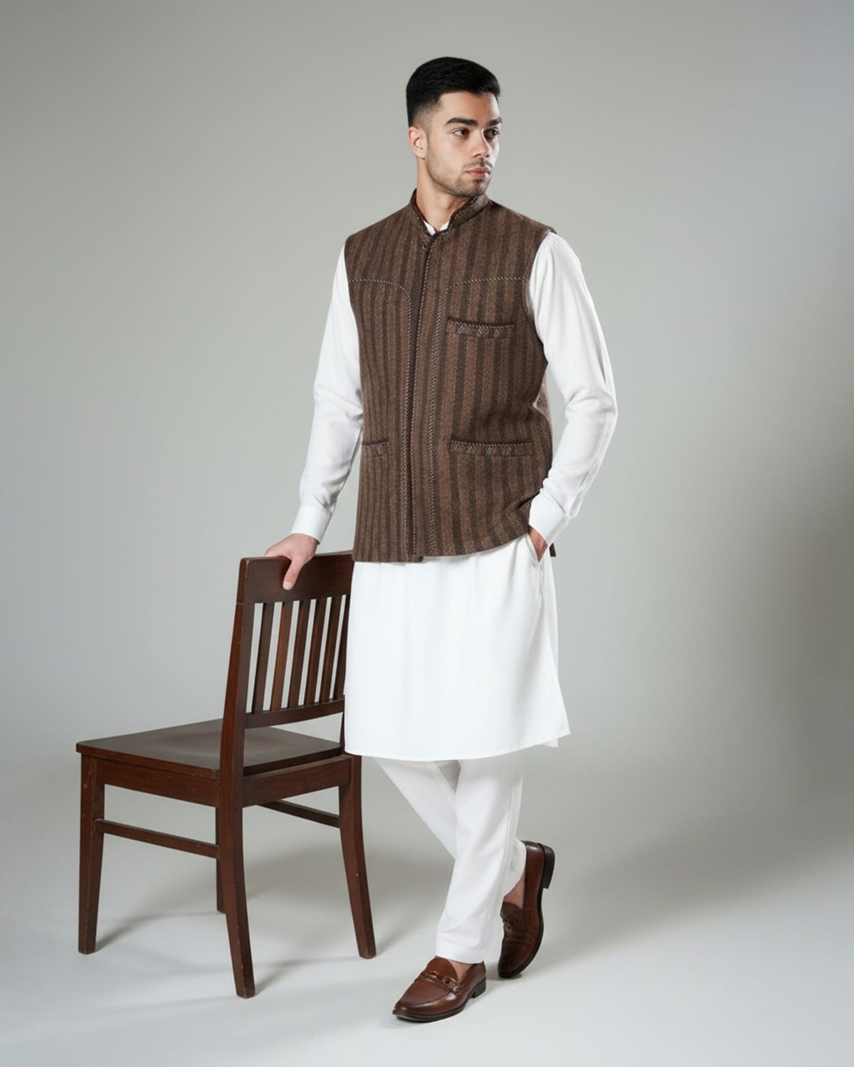 Traditional Afghan Men’s Wool Vest – Handmade Wool Grey color Waistcoat 2