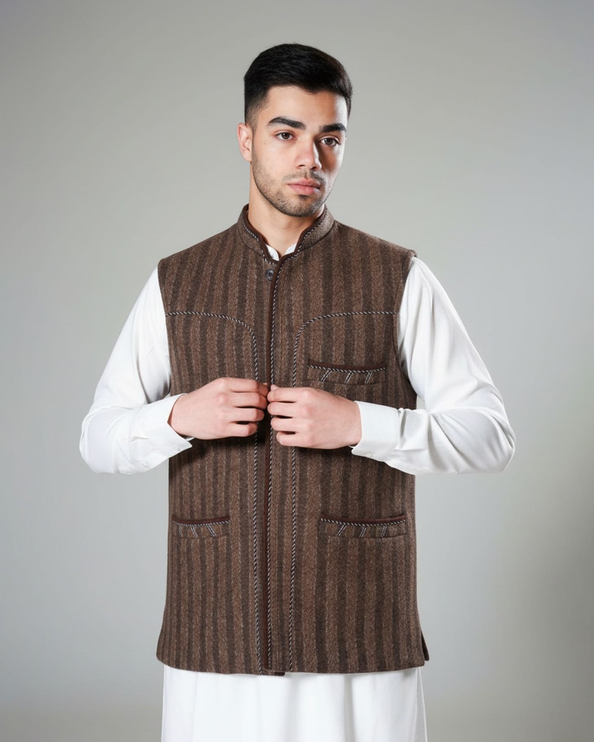 Traditional Afghan Men’s Wool Vest – Handmade Wool Grey color Waistcoat 5