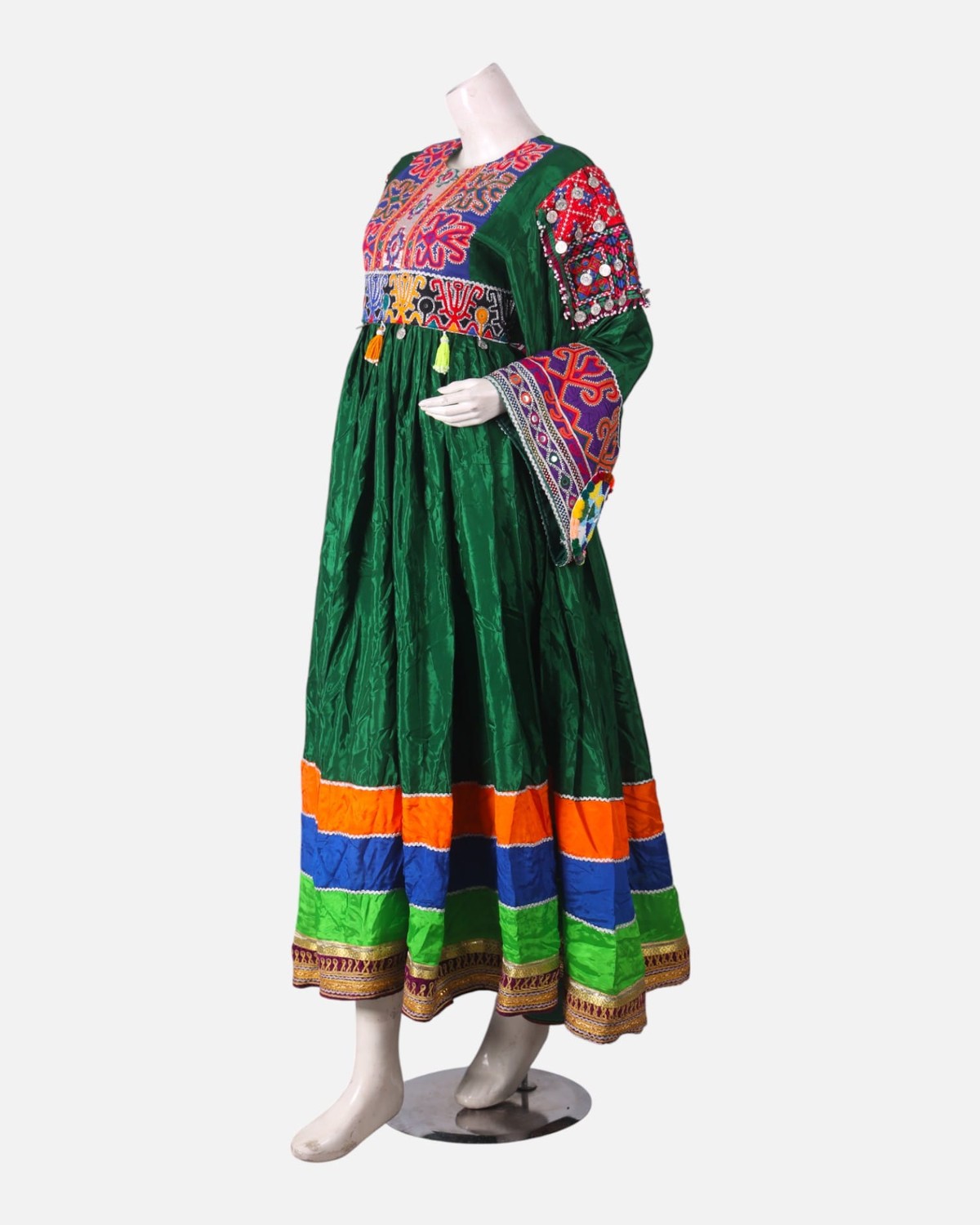 Green Mehfil Dress with Hand Embroidery & Multicolor Border 6