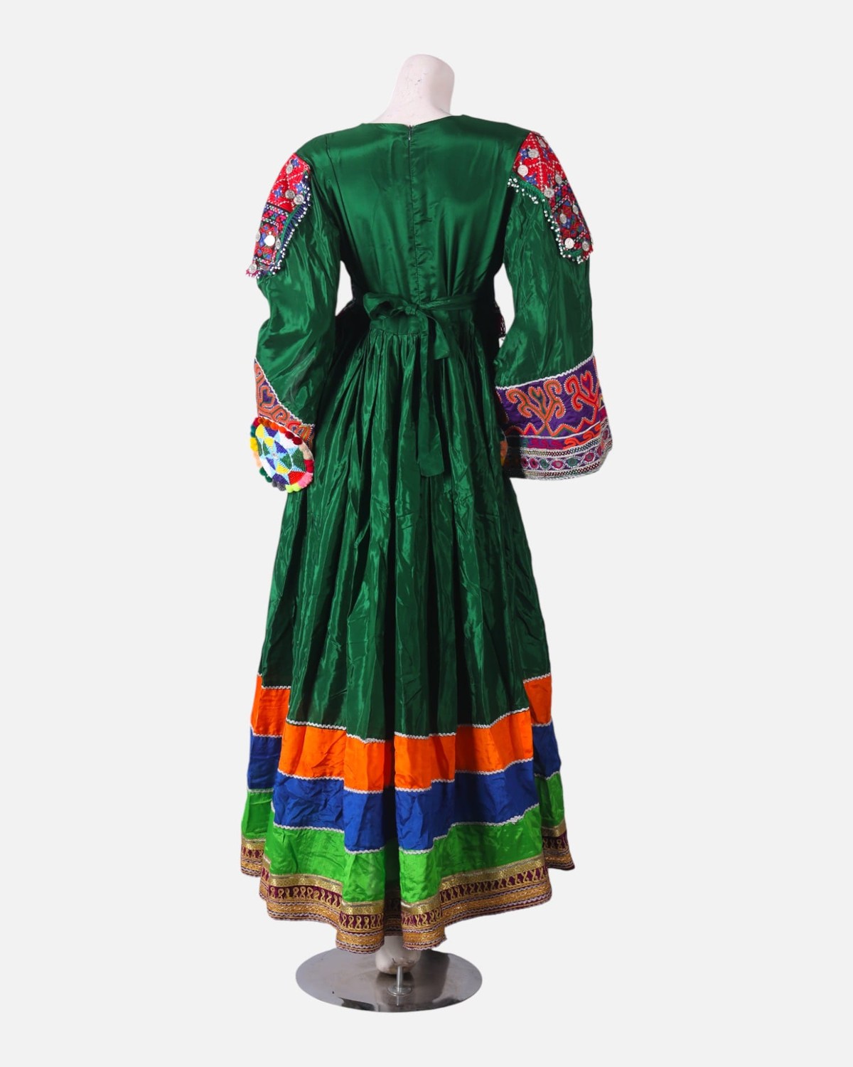 Green Mehfil Dress with Hand Embroidery & Multicolor Border 2