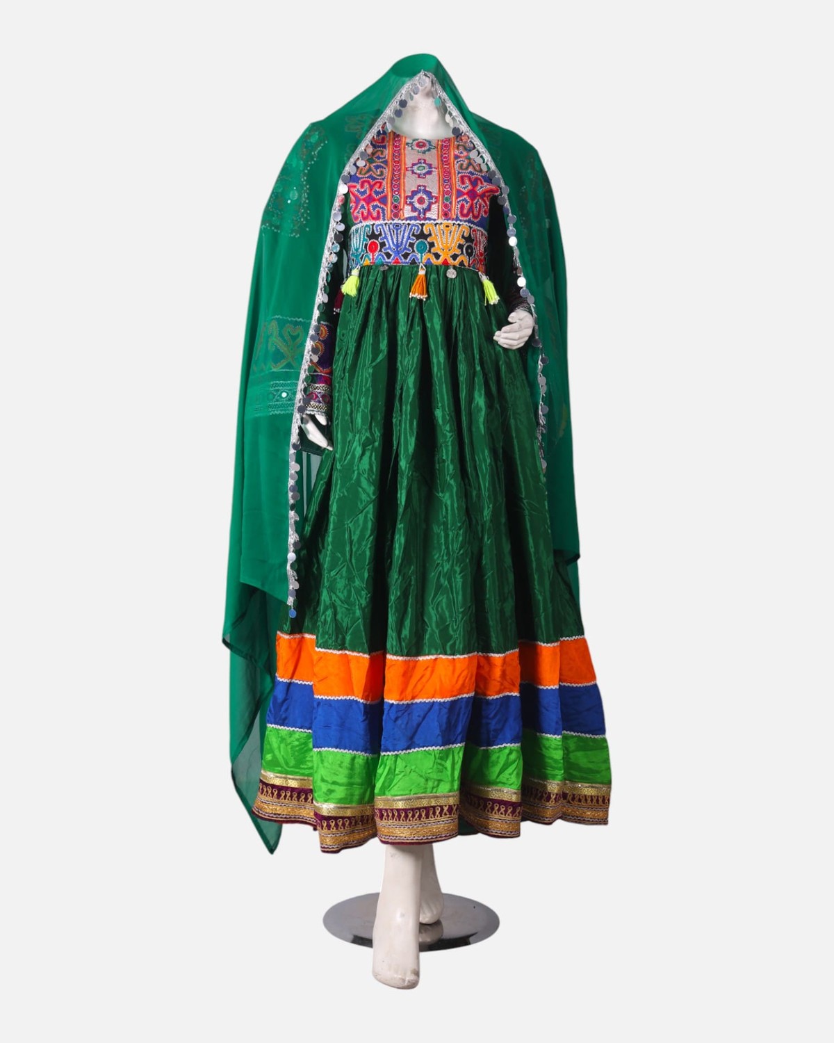 Green Mehfil Dress with Hand Embroidery & Multicolor Border 5