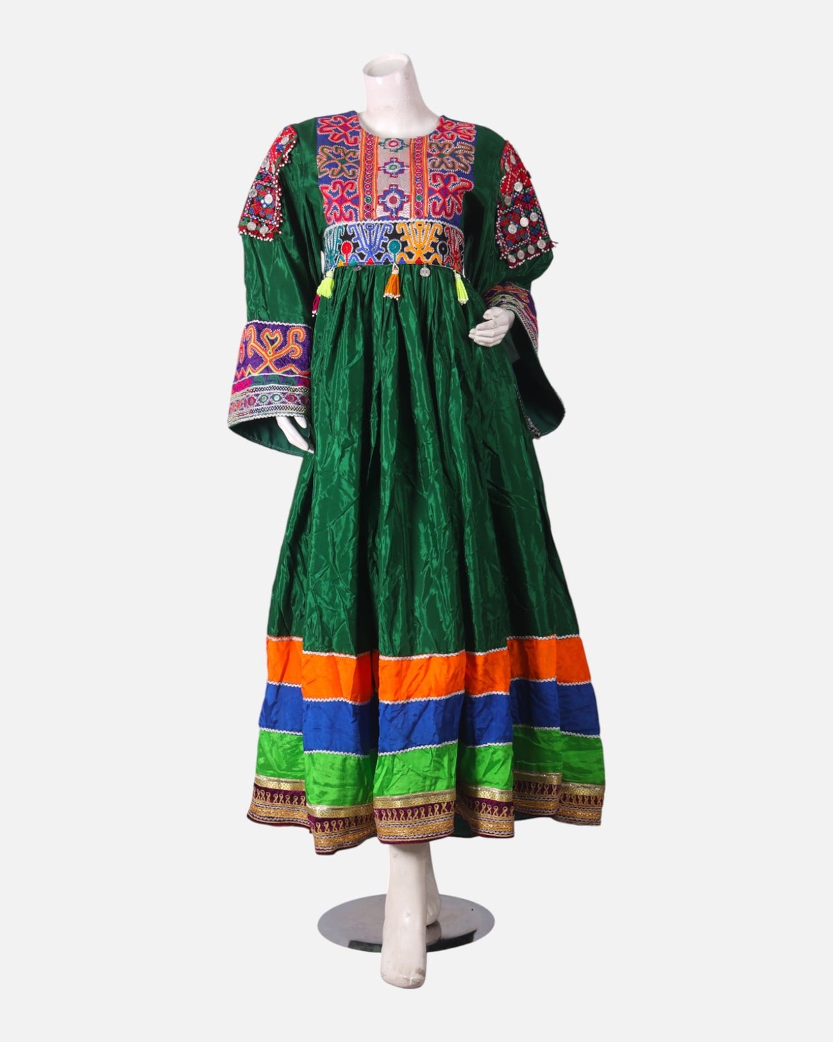 Green Mehfil Dress with Hand Embroidery & Multicolor Border 4