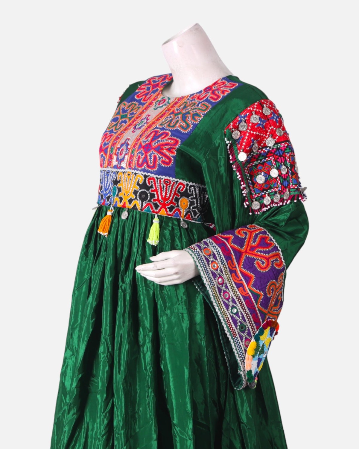 Green Mehfil Dress with Hand Embroidery & Multicolor Border 1