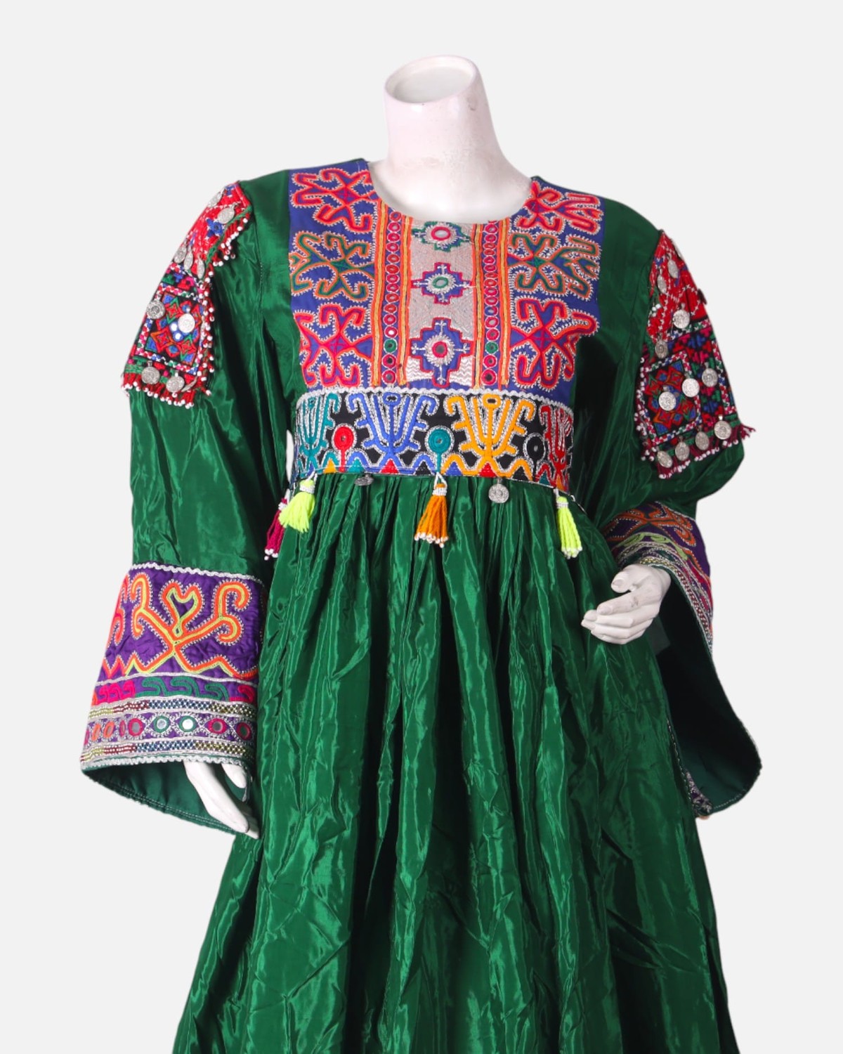 Green Mehfil Dress with Hand Embroidery & Multicolor Border 7