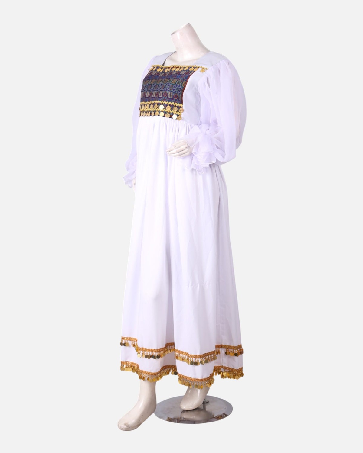 White Handmade Kuchi Dress – Ghand Afghani Mahfili, Traditional Embroidered Festival Dress 3