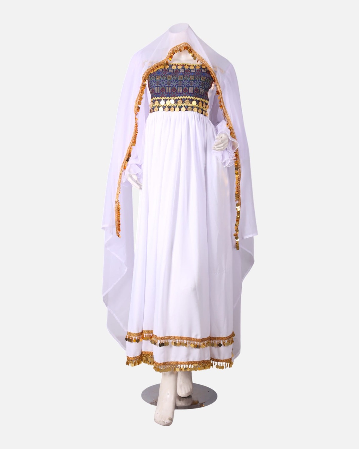 White Handmade Kuchi Dress – Ghand Afghani Mahfili, Traditional Embroidered Festival Dress 6