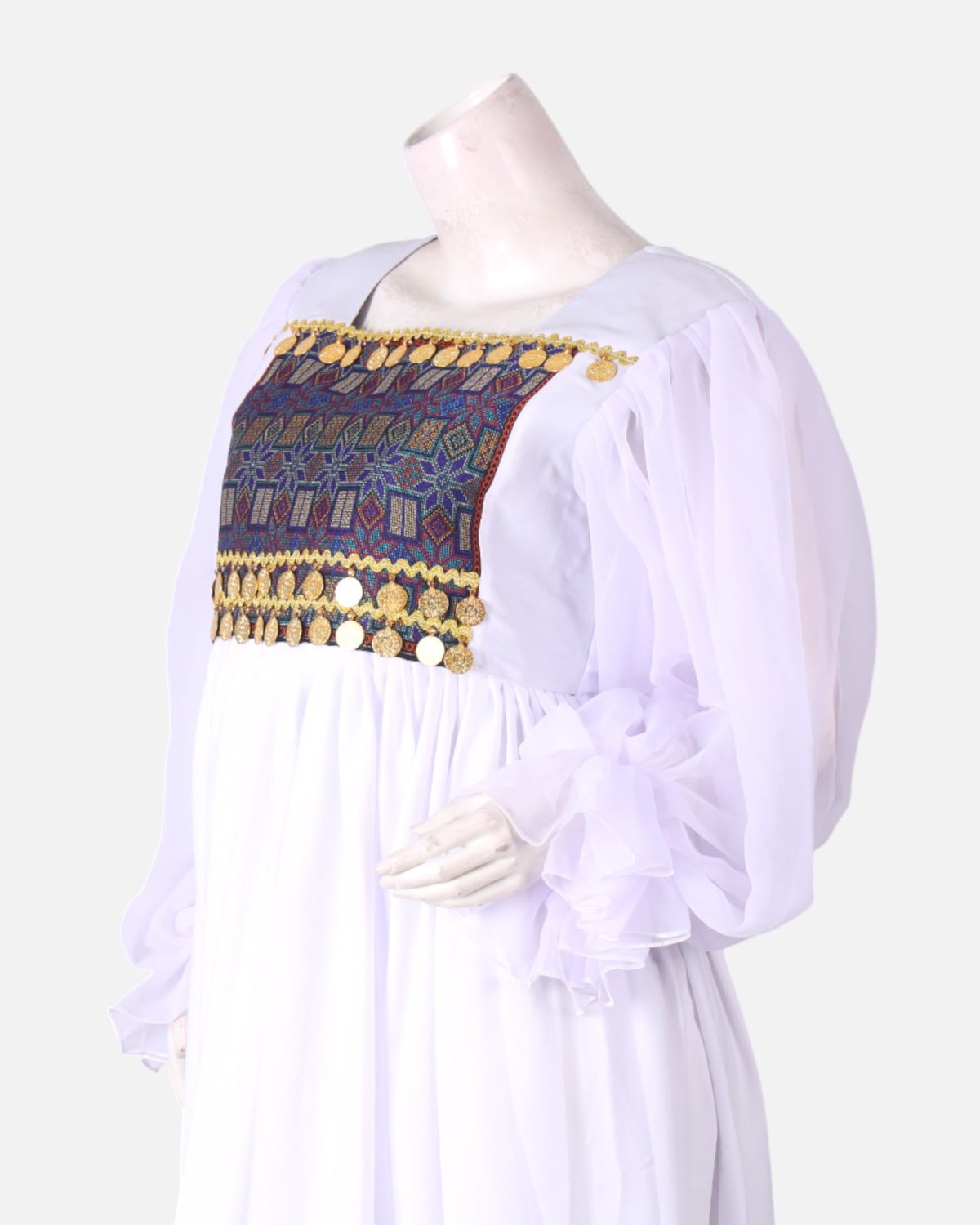 White Handmade Kuchi Dress – Ghand Afghani Mahfili, Traditional Embroidered Festival Dress 5