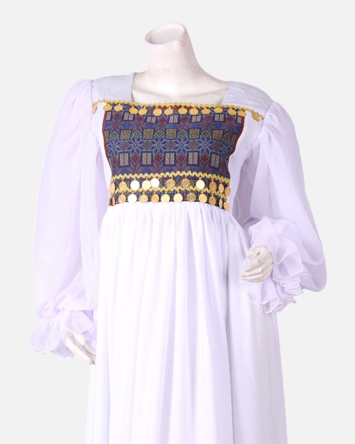 White Handmade Kuchi Dress – Ghand Afghani Mahfili, Traditional Embroidered Festival Dress 1