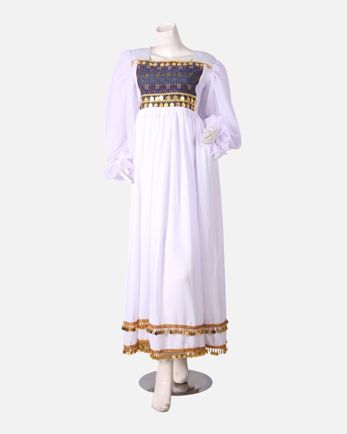 White Handmade Kuchi Dress – Ghand Afghani Mahfili, Traditional Embroidered Festival Dress 2