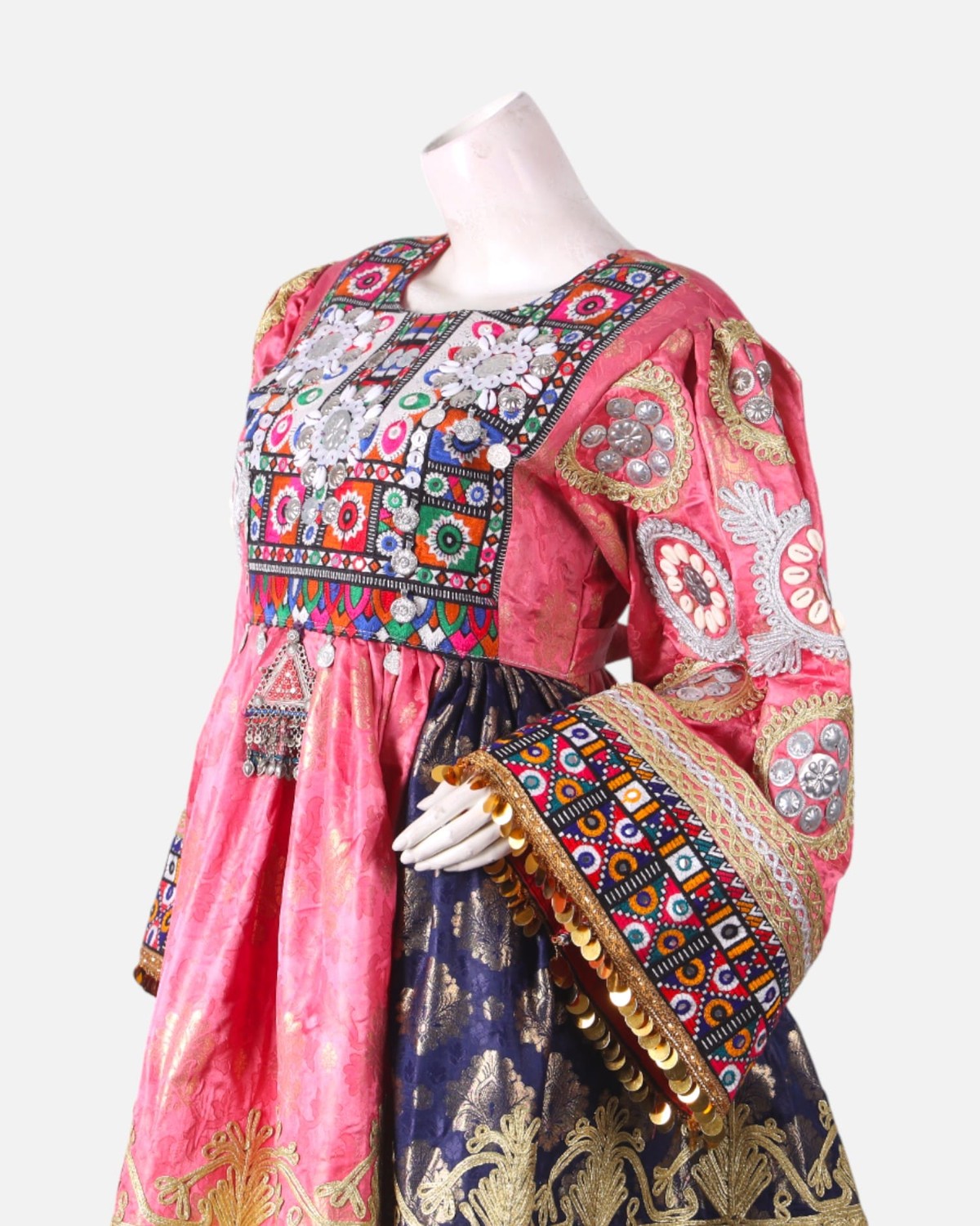 Luxury Pink Afghani Dress | Hand Embroidered Pink And Gold Afghan Gown with Coins And Mirror Work 1
