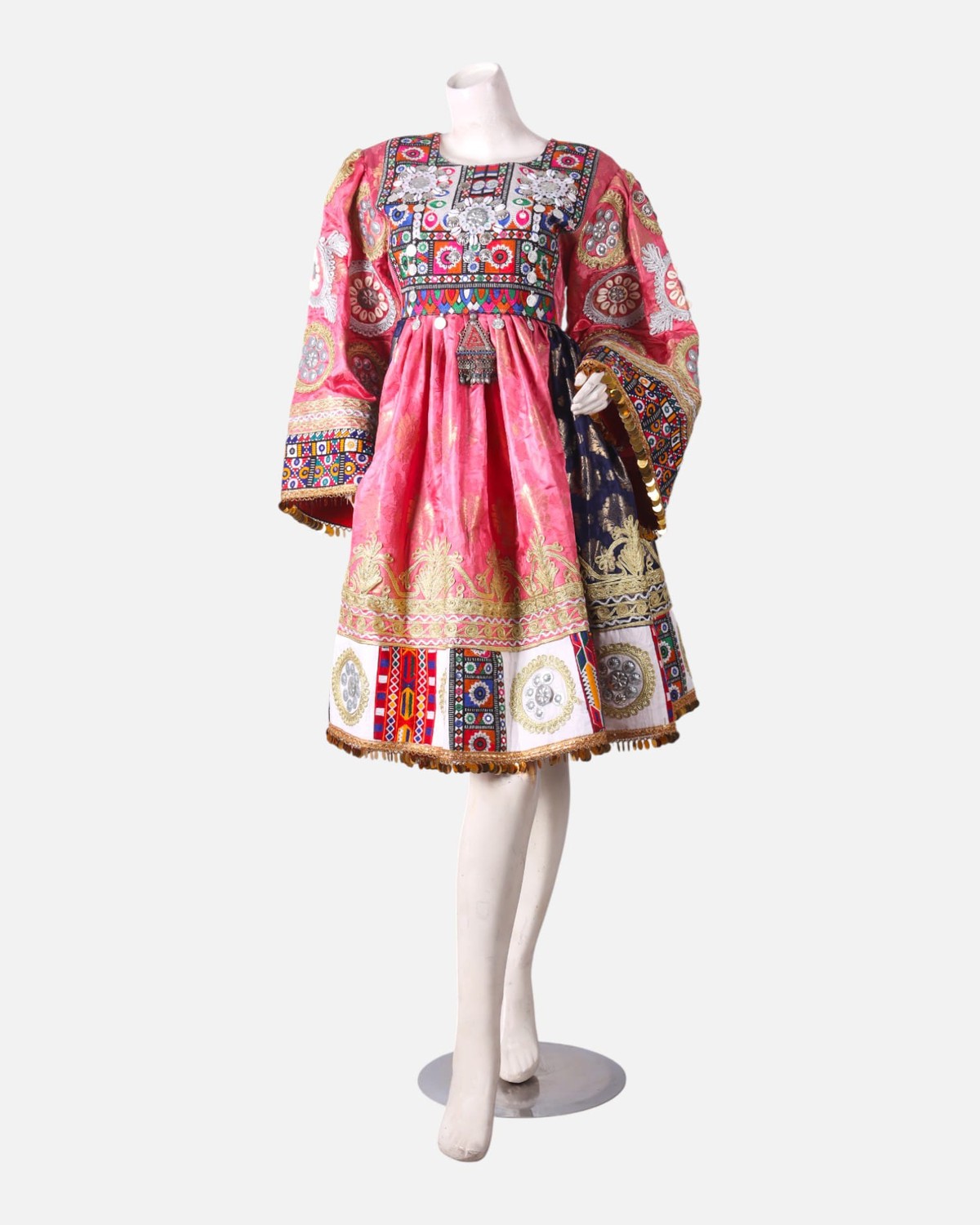 Luxury Pink Afghani Dress | Hand Embroidered Pink And Gold Afghan Gown with Coins And Mirror Work 4