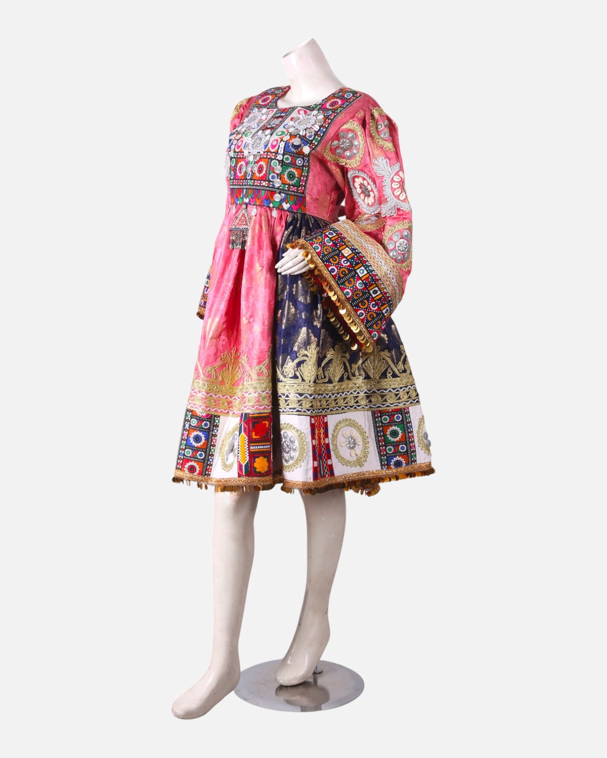 Luxury Pink Afghani Dress | Hand Embroidered Pink And Gold Afghan Gown with Coins And Mirror Work 5