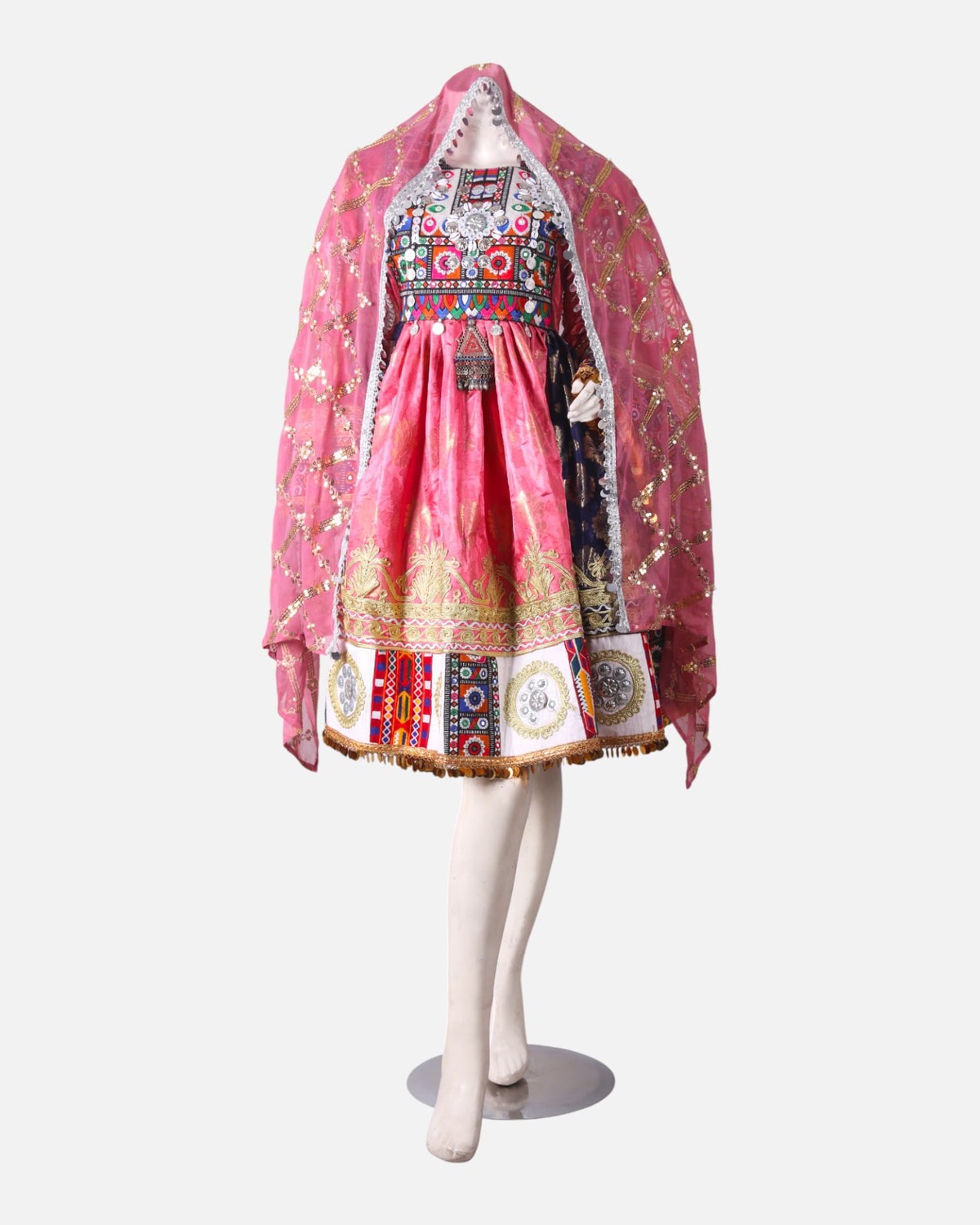 Luxury Pink Afghani Dress | Hand Embroidered Pink And Gold Afghan Gown with Coins And Mirror Work 6