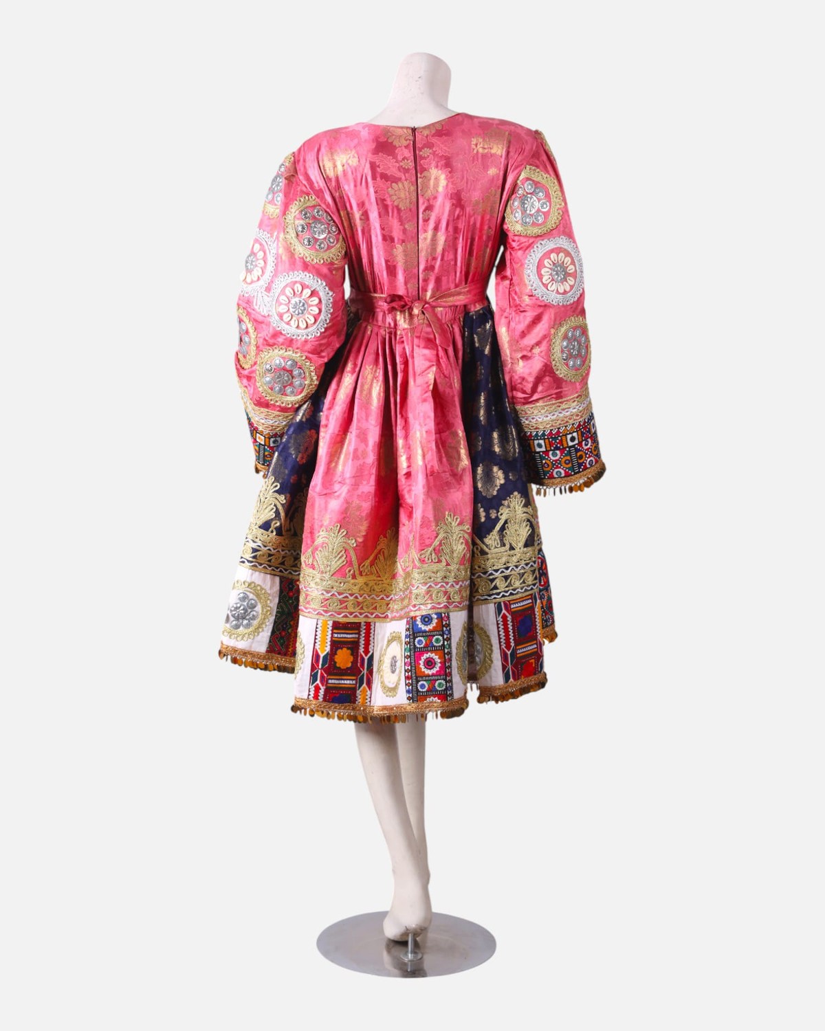 Luxury Pink Afghani Dress | Hand Embroidered Pink And Gold Afghan Gown with Coins And Mirror Work 3