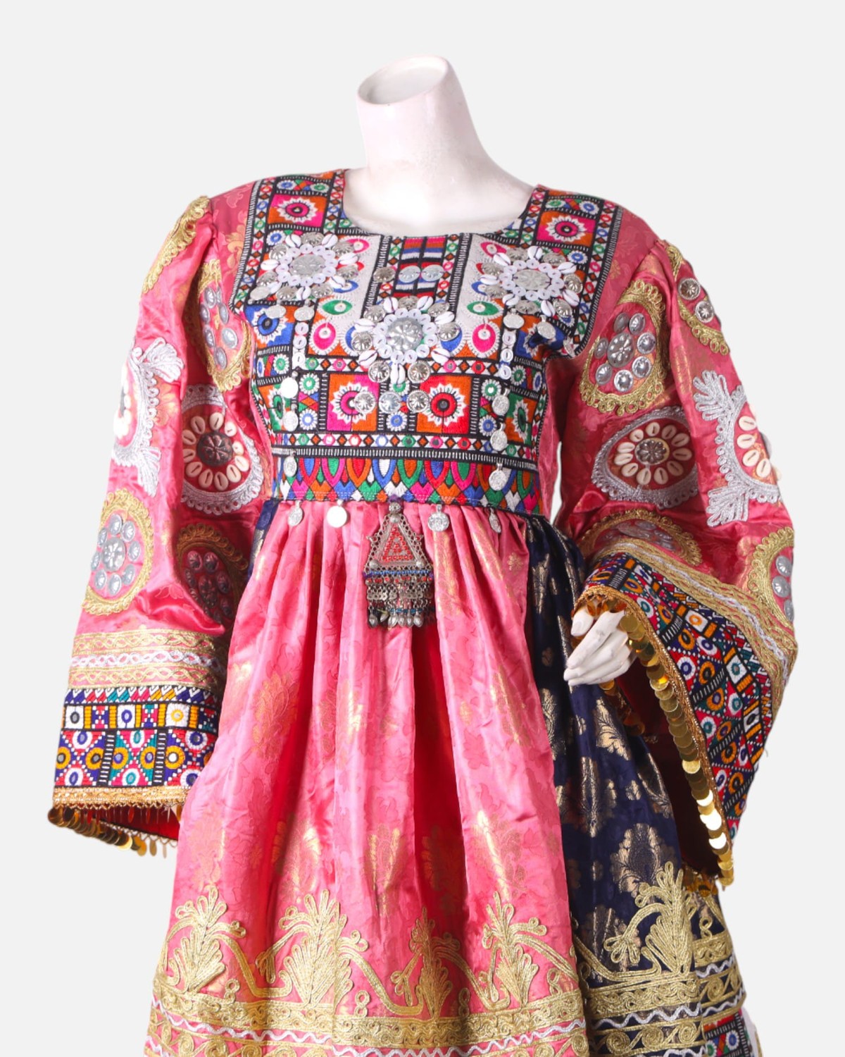 Luxury Pink Afghani Dress | Hand Embroidered Pink And Gold Afghan Gown with Coins And Mirror Work 7