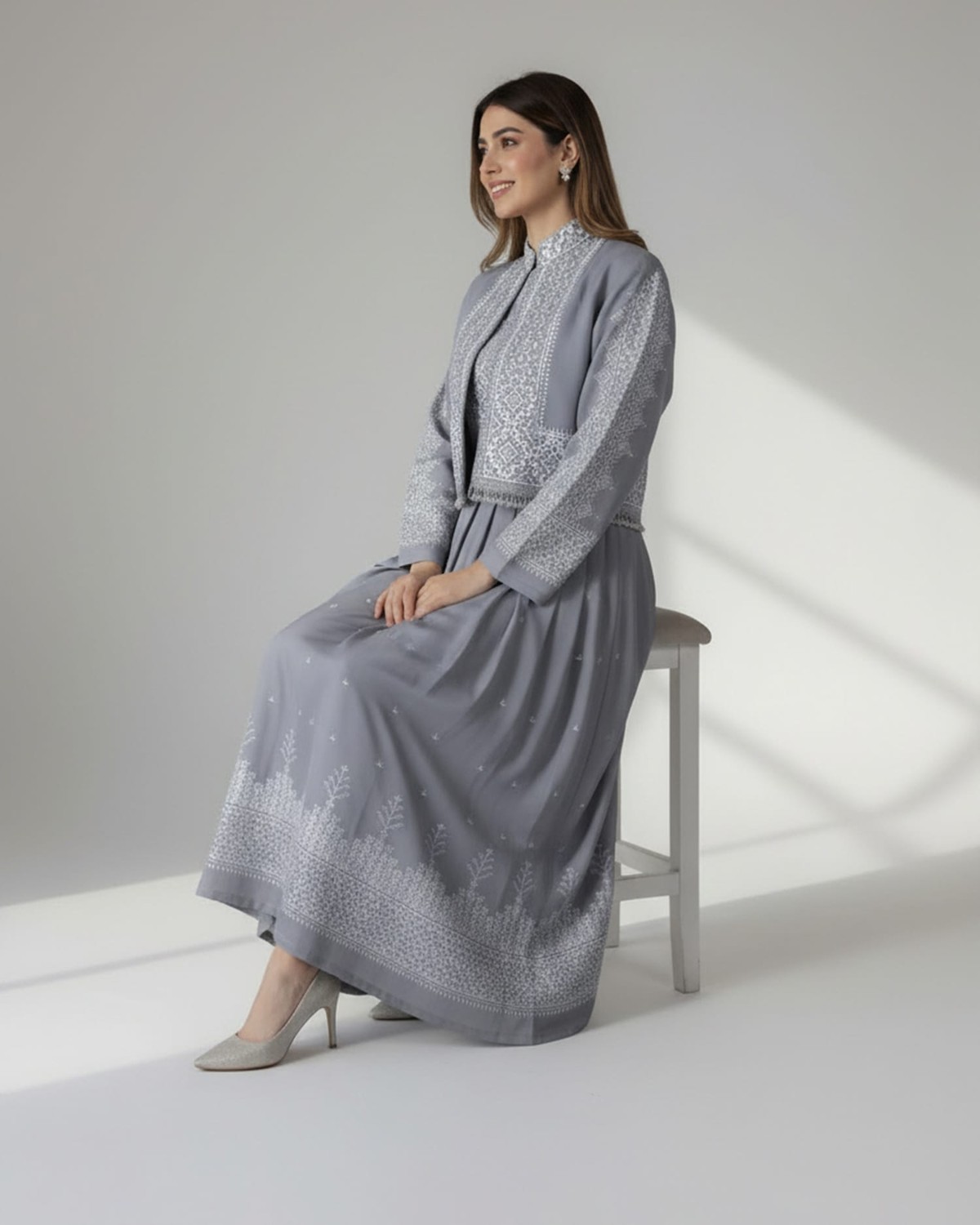 Grey Hazargi Traditional Dress with Embroidered Vest 2