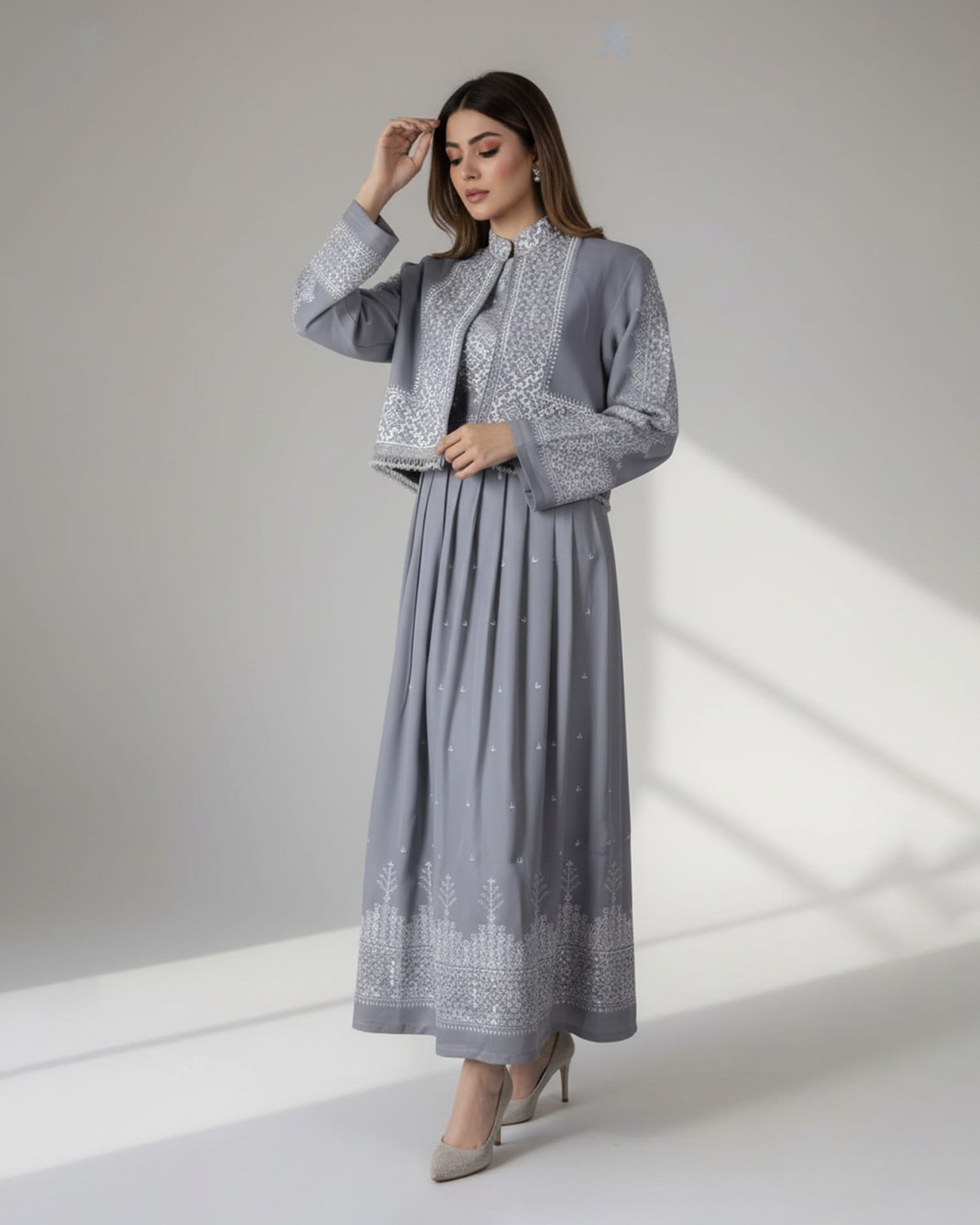 Grey Hazargi Traditional Dress with Embroidered Vest 9