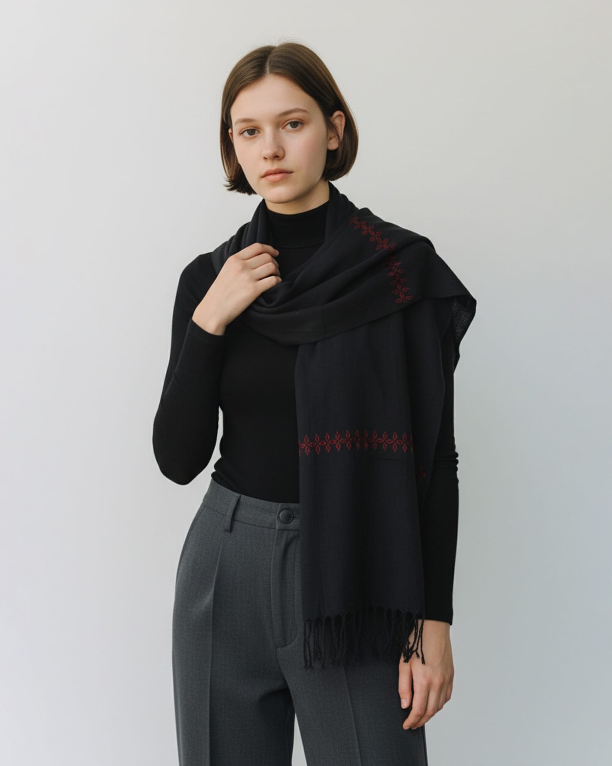 Black Cotton Chador Scarf with Red Embroidered Detail 5