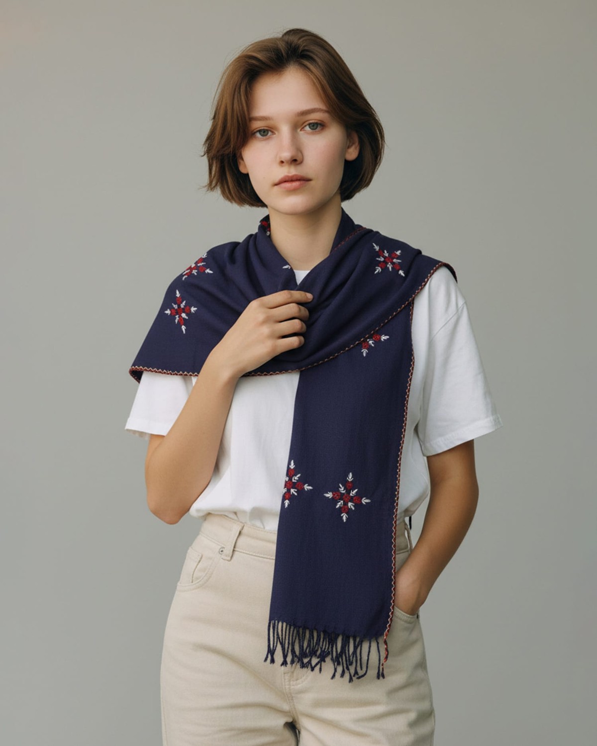 Navy Blue Cotton Chador with Hand Embroidery 3