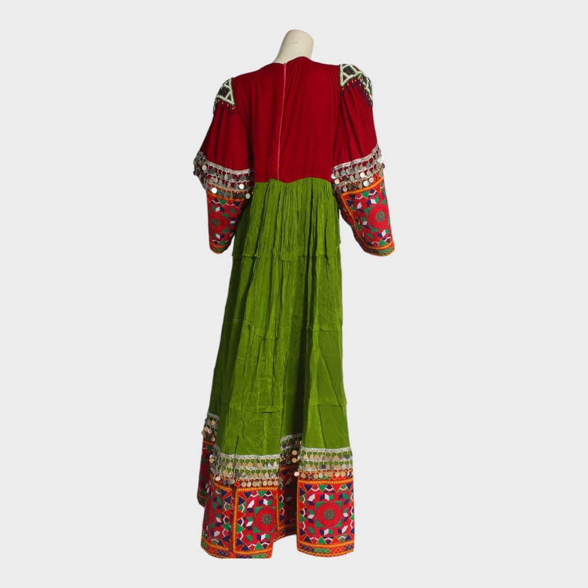 Afghani Nomadic Kuchi Dress – Hand-Embroidered Traditional Green and Red Dress 4