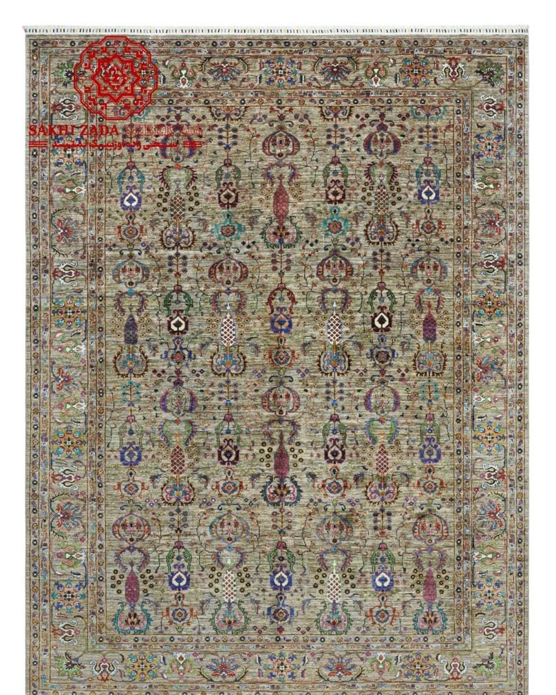 Handmade Afghani Chobi Ziegler Carpet – Neutral Wool Floral Rug 2