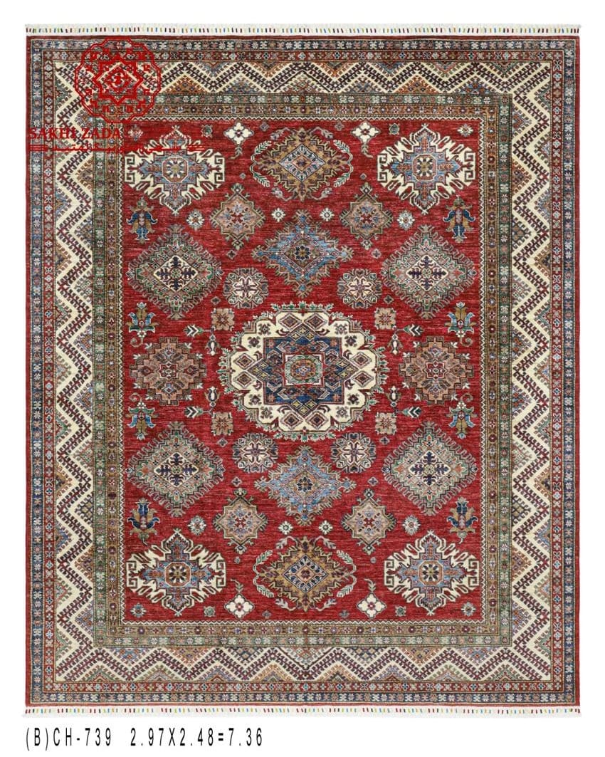 Handmade Afghani Red Wool Carpet – Geometric Floral Rug 1