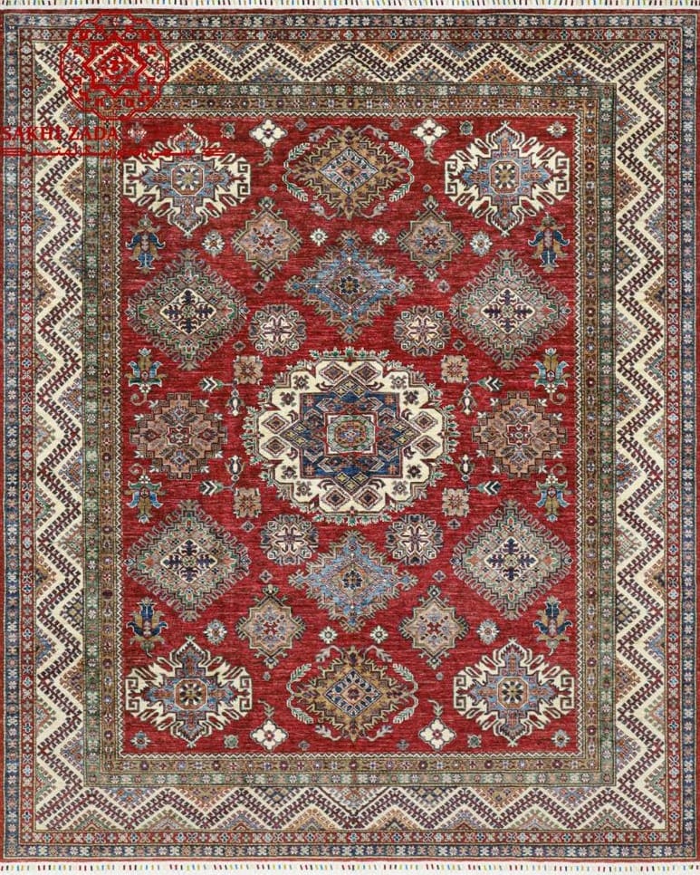 Handmade Afghani Red Wool Carpet – Geometric Floral Rug 2